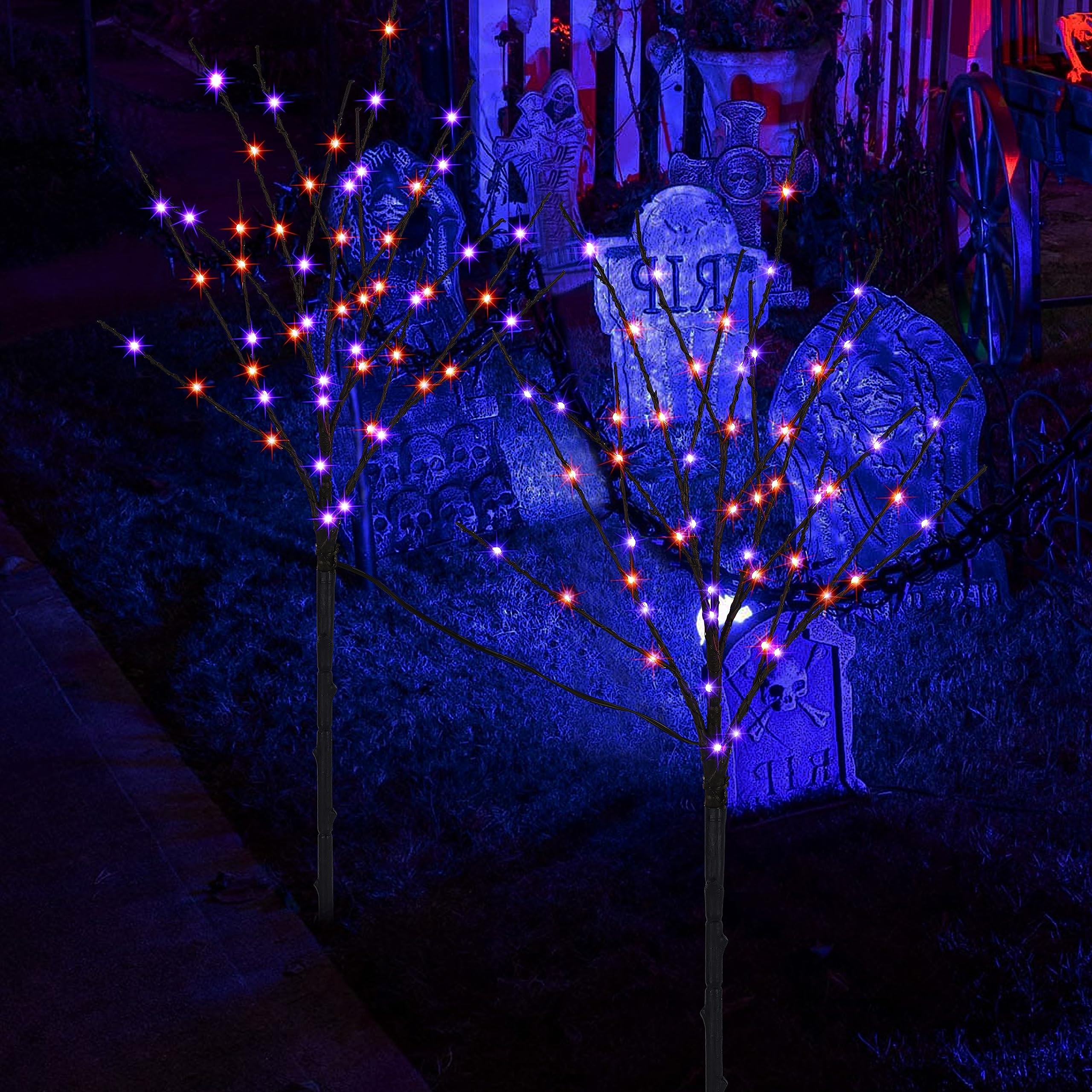 Halloween Lighted Tree Branches – 2 Pack 30" Black Artificial Trees with 100 LED Orange & Purple Lights, Timer Function & Adjustable Twigs
