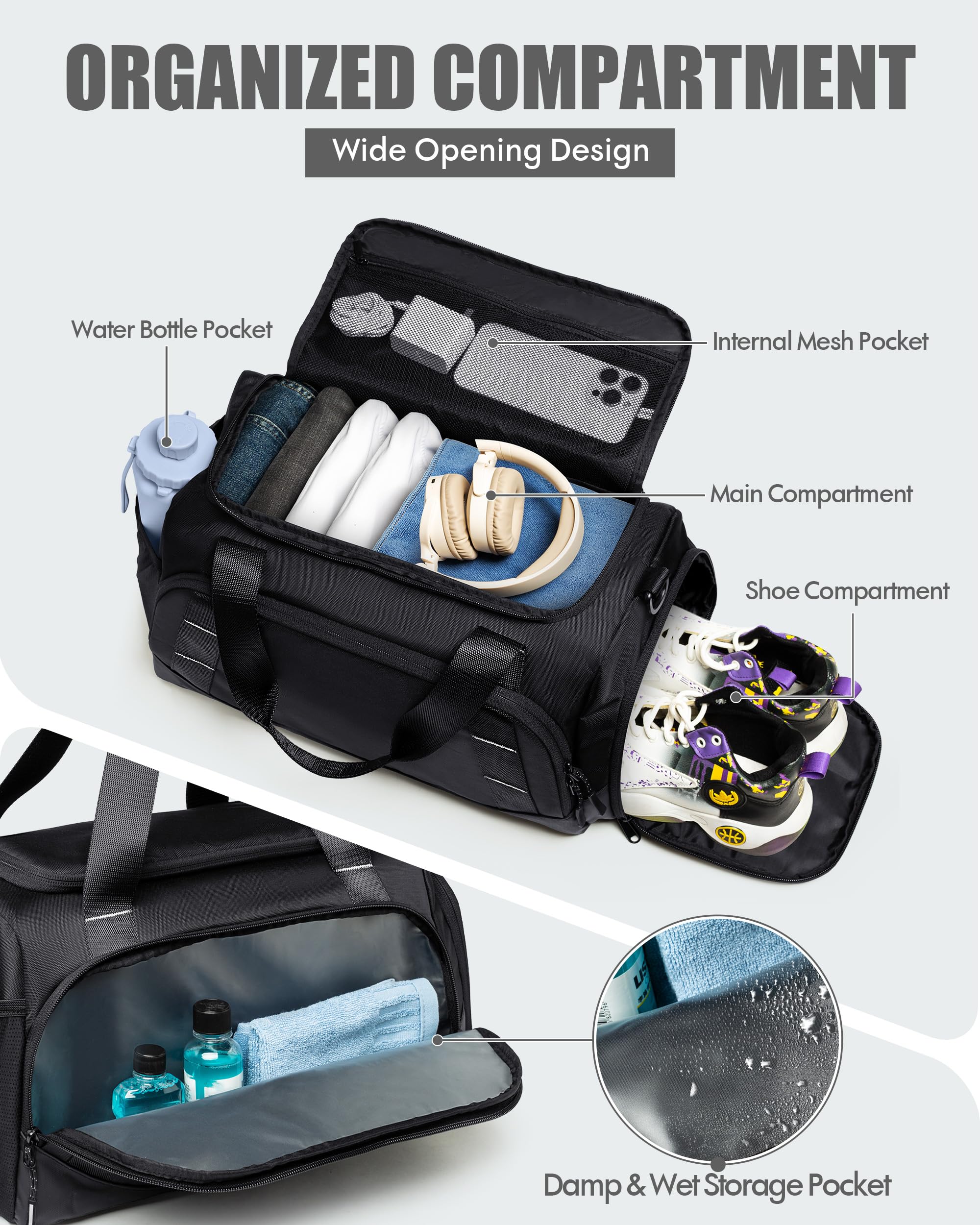 PROKVA Small Gym Duffle Bag 16L – Compact Carry-On Weekender with Shoe Compartment & Wet/Dry Pocket (Black)