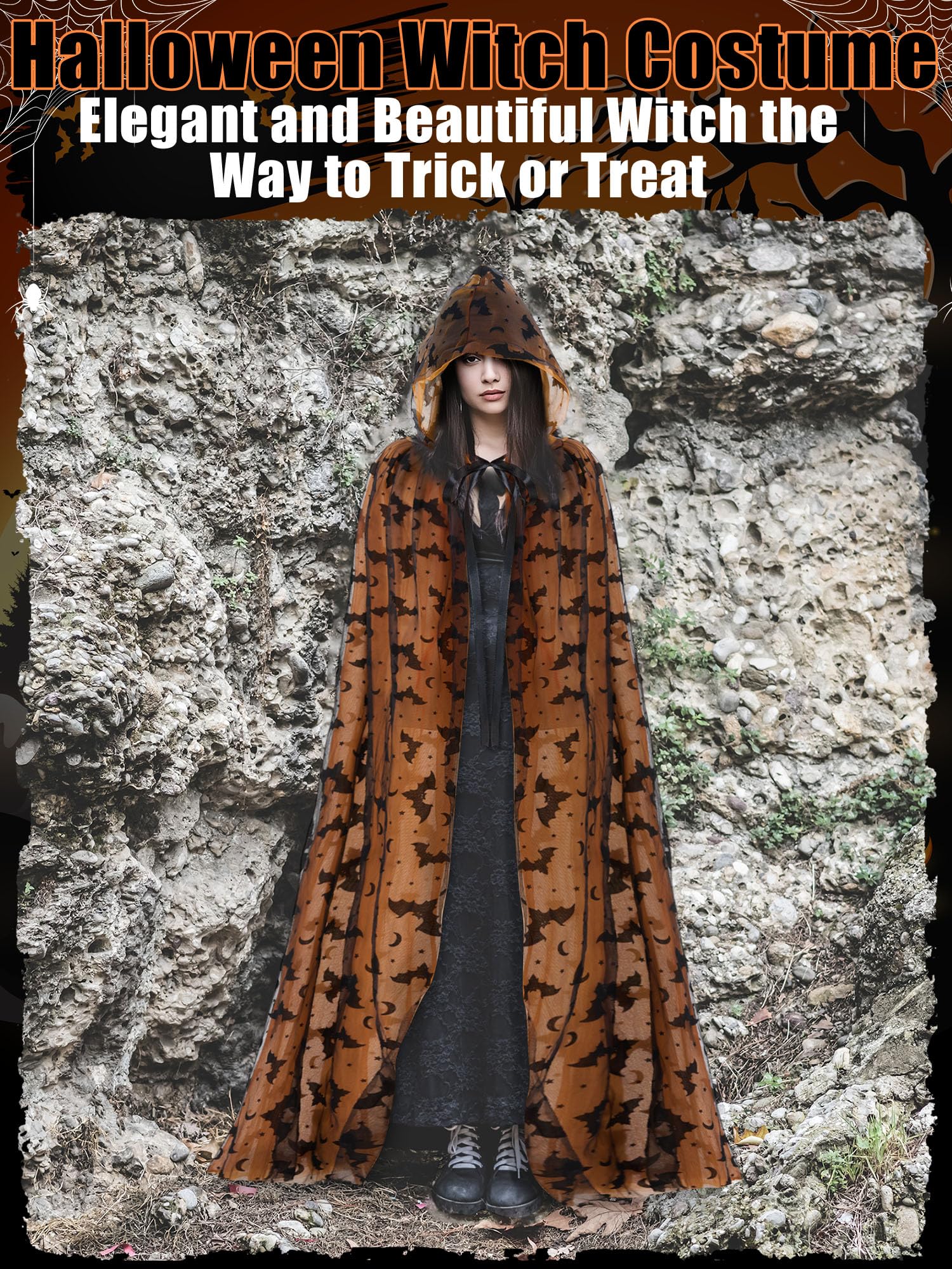 Orange Witch Lace Hooded Cape – Gothic Bat Pattern Halloween Cloak for Women