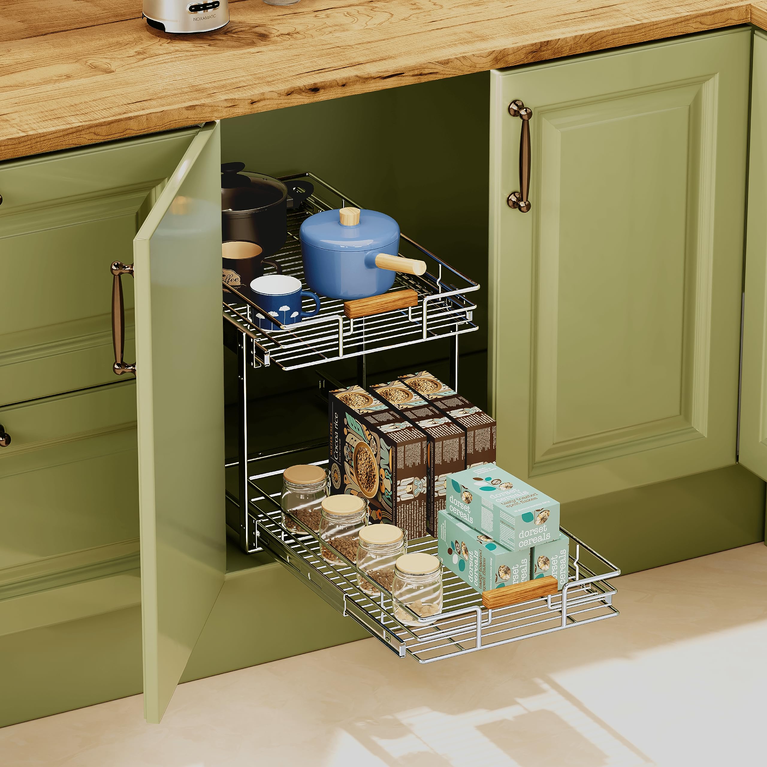 Mount Walker 2-Tier Pull-Out Wire Basket Cabinet Organizer with Wood Handle – Heavy-Duty Slide-Out Shelf