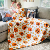 Halloween Velvet Fleece Throw Blanket – Jack O’ Lantern & Candy Corn Pattern (50x70”, White Yellow Orange)