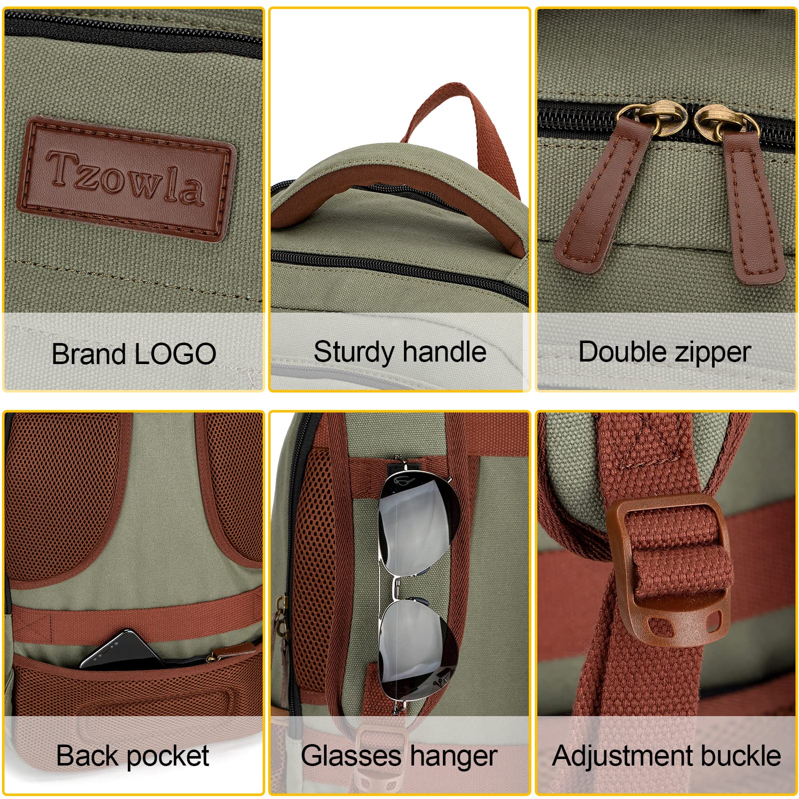 Tzowla Green Canvas Laptop Backpack with USB & Headphone Port – 15.6″ Large Capacity Travel Rucksack