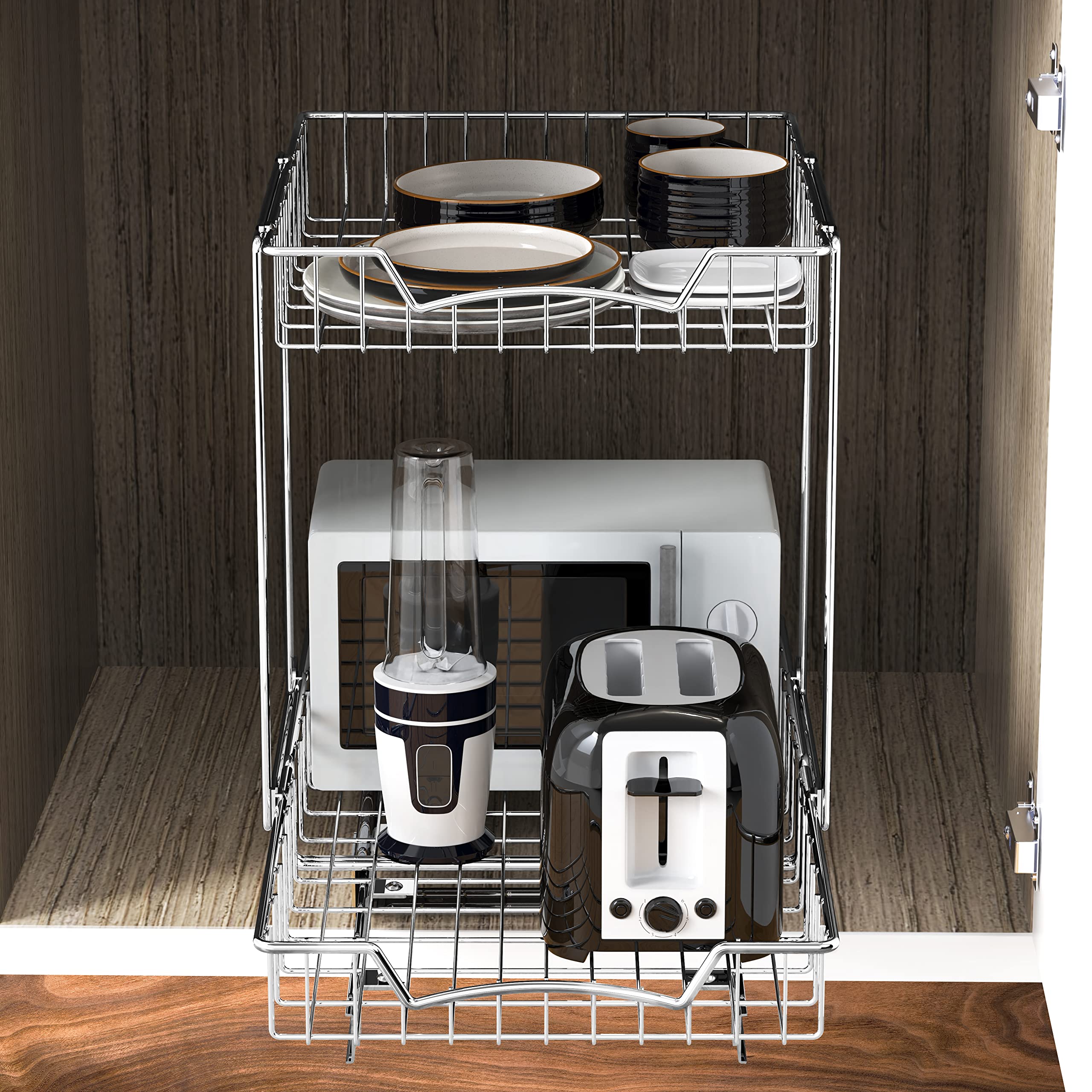 2-Tier Pull-Out Under Cabinet Organizer – Chrome Sliding Shelf with Heavy-Duty Ball Bearings (L-L)