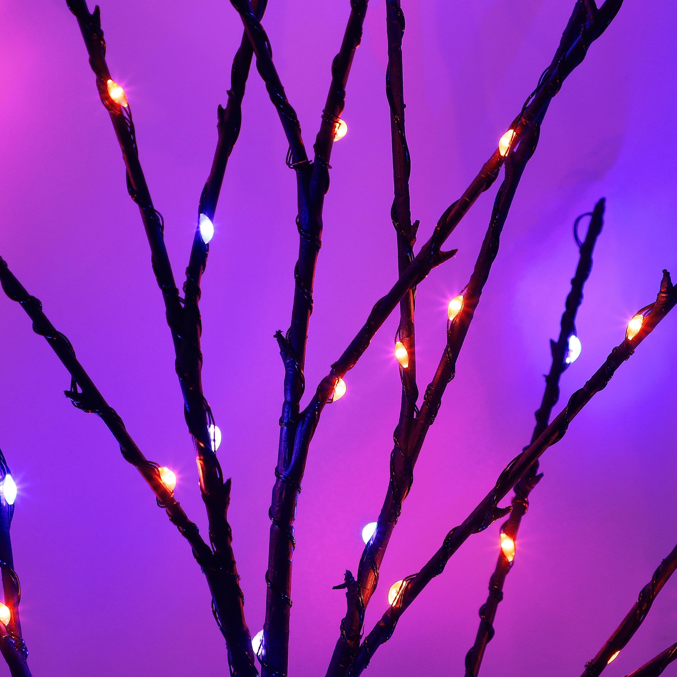 Halloween Lighted Tree Branches – 2 Pack 30" Black Artificial Trees with 100 LED Orange & Purple Lights, Timer Function & Adjustable Twigs