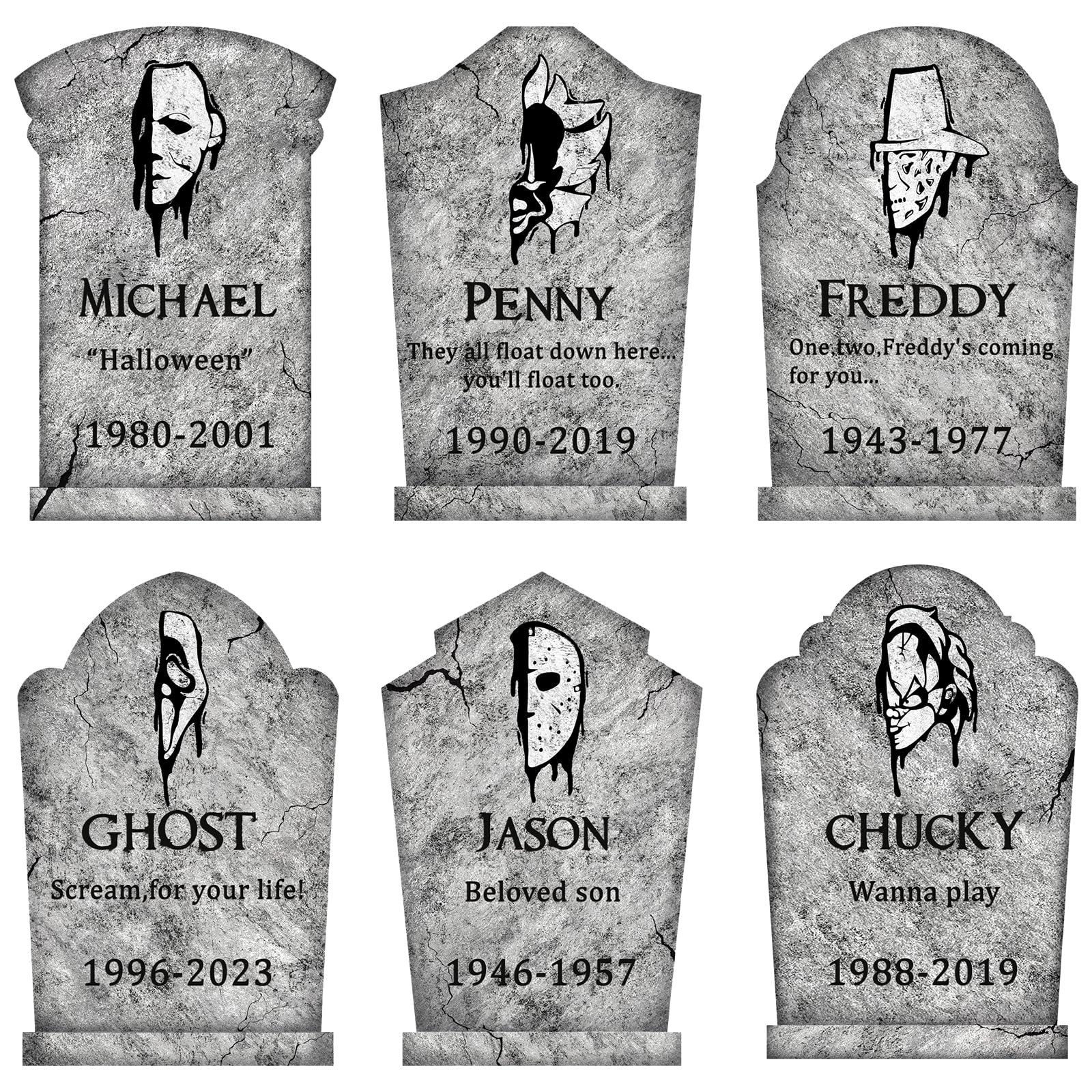 Halloween Tombstones Yard Decorations Set – 6 Stone Grey Plastic Gravestones with Stakes for Outdoor Graveyard Display