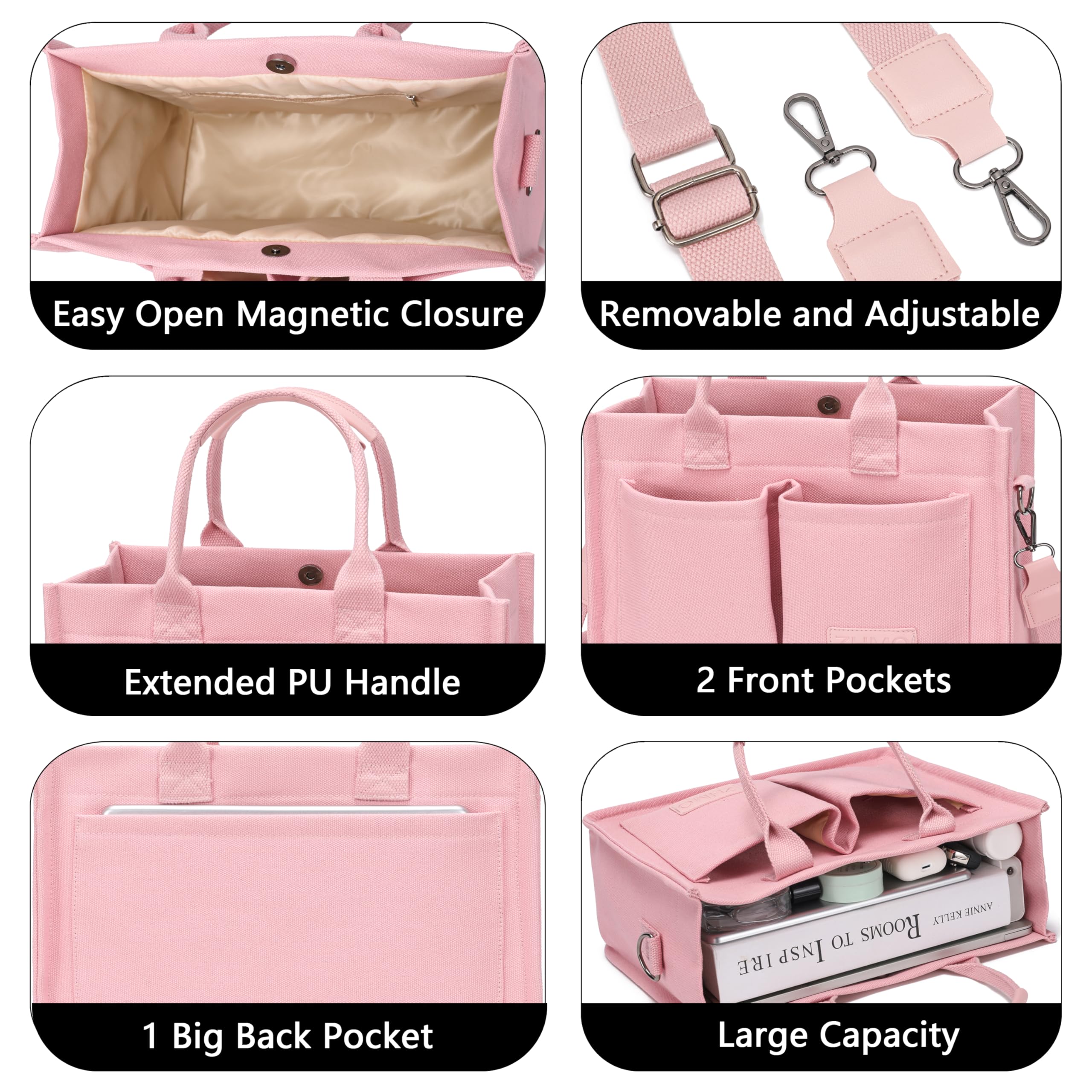 ZHMO Canvas Tote Bag for Women – Large Work & Travel Tote with Compartments, Laptop Shoulder & Crossbody Bag (Pink)
