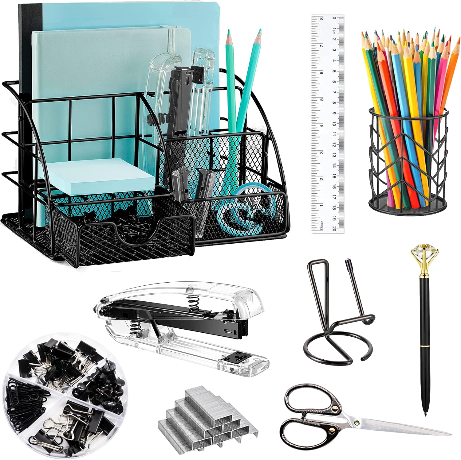 Green Desk Organizer and Office Supplies Set