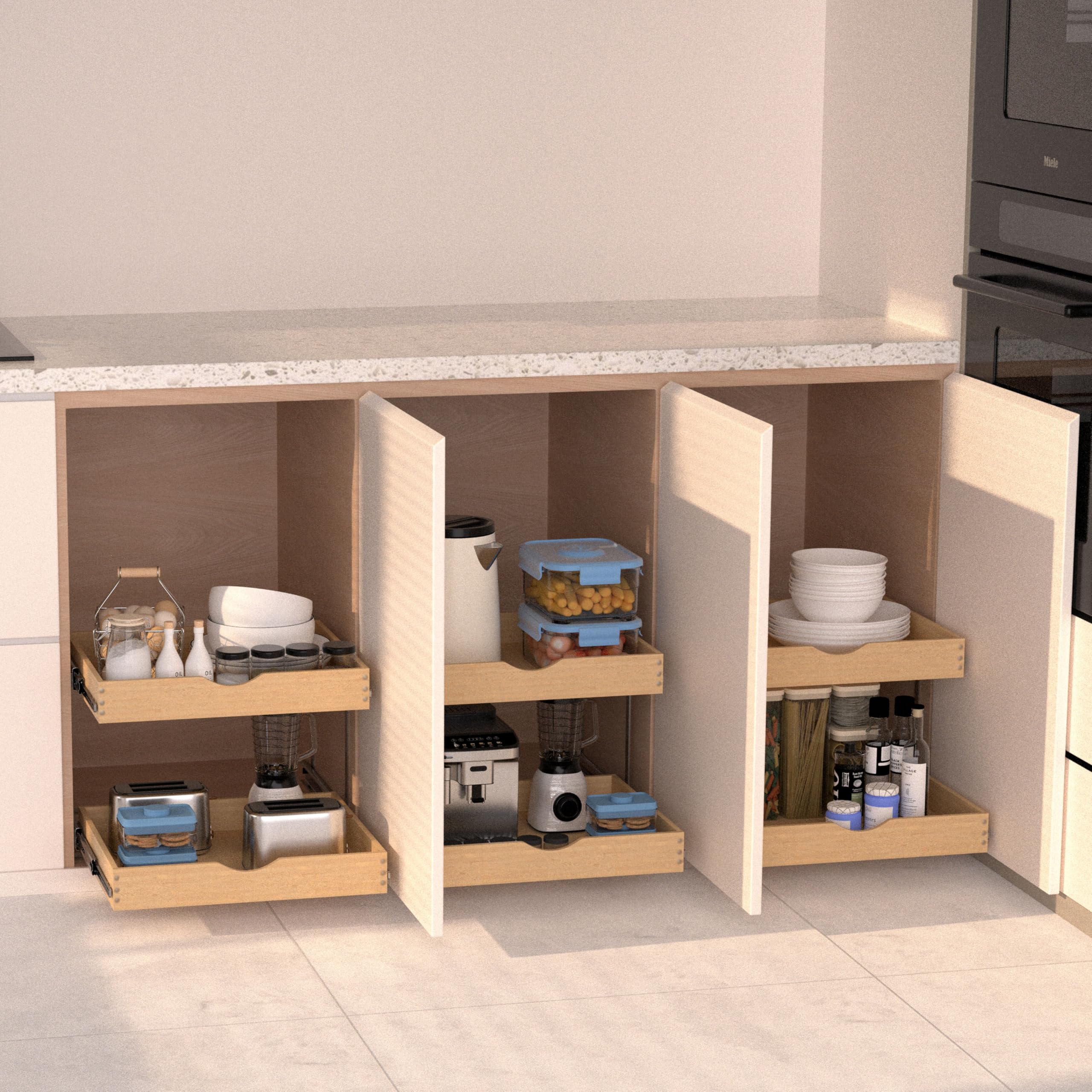 Jowboow 2-Tier Wooden Pull-Out Cabinet Shelves – Independent Slide-Out Drawers with Heavy-Duty Glide System