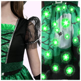 Green Light-Up Witch Costume for Girls – LED Halloween Dress Set with Hat, Broom & Accessories
