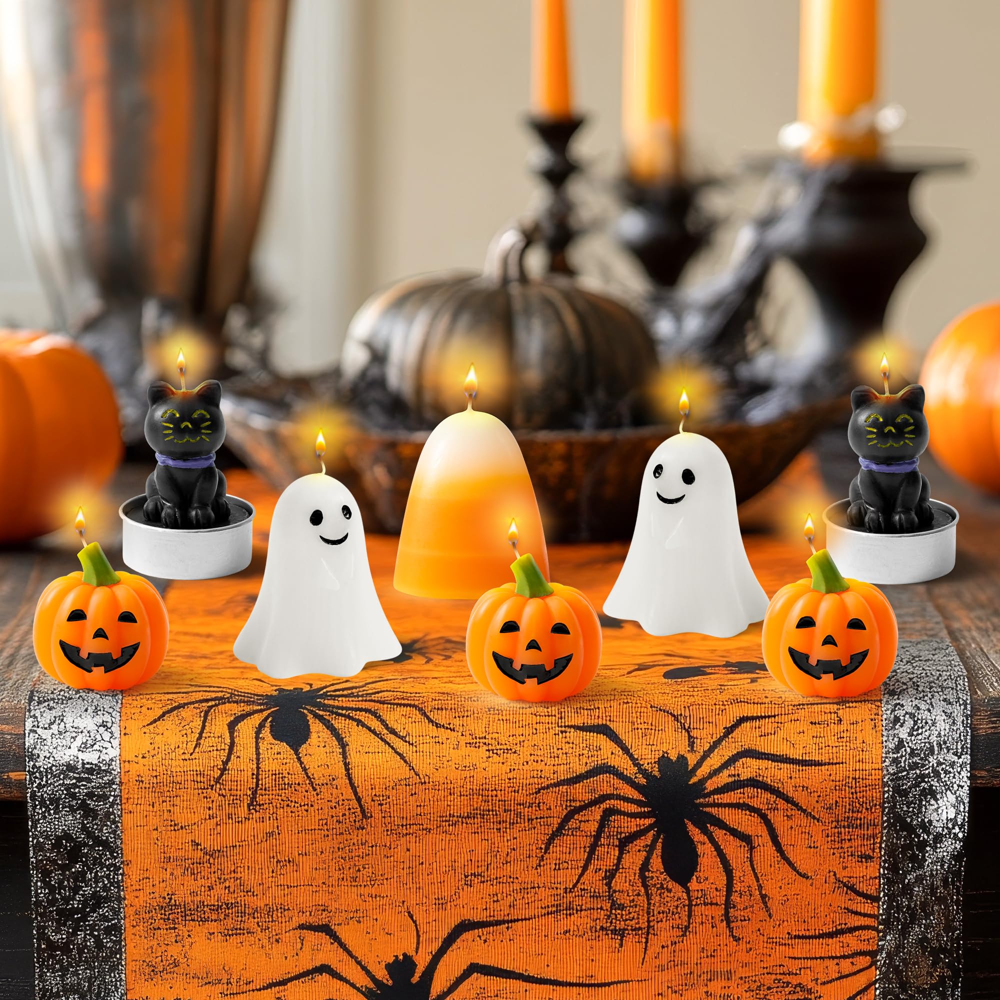 12 Pcs Halloween Mini Candles Set 🎃 Ghost, Pumpkin, Candy Corn & Black Cat Designs – Multicolor Wax Tealights for Fall & Party Decor