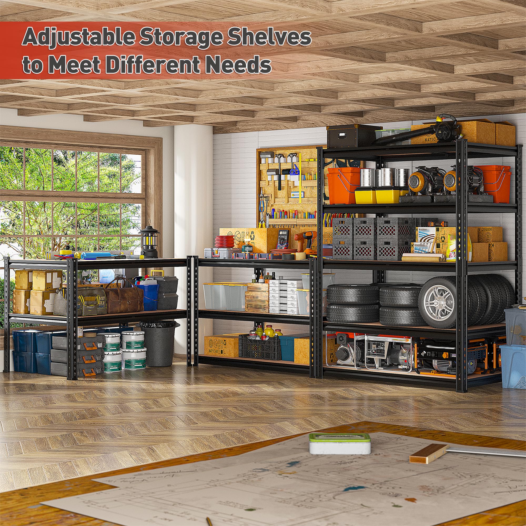 REIBII 5-Tier Heavy Duty Metal Storage Shelves 2-Pack – 2400 lbs Adjustable Garage & Warehouse Shelving System
