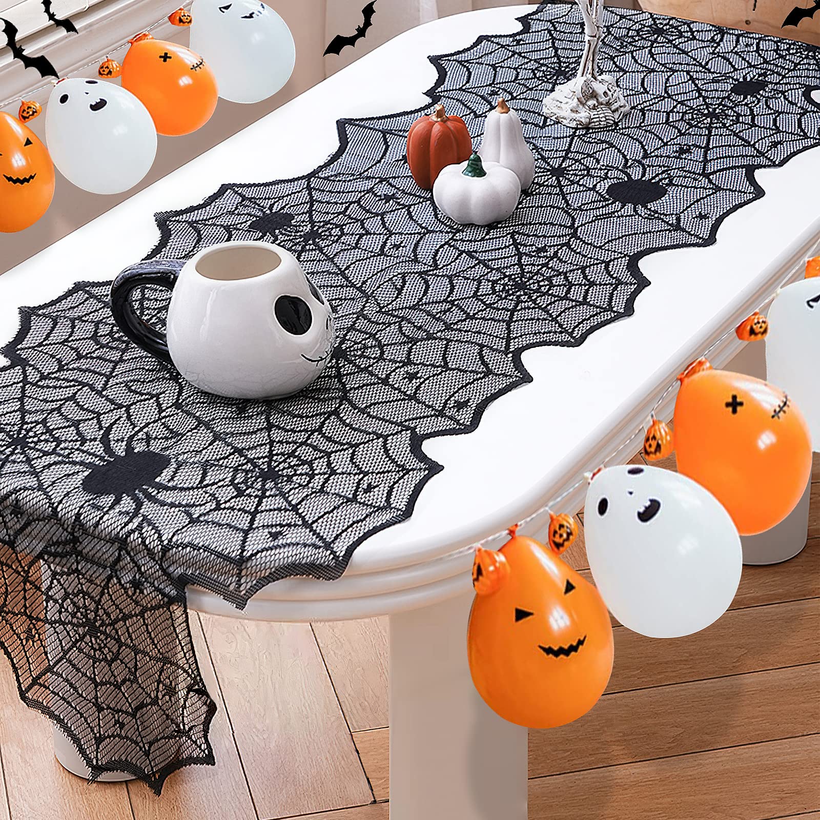 Halloween Spider Web Table Runner – 18x72 Inch Black Lace Tablecloth for Halloween Party Decorations (Reusable Cobweb Design)