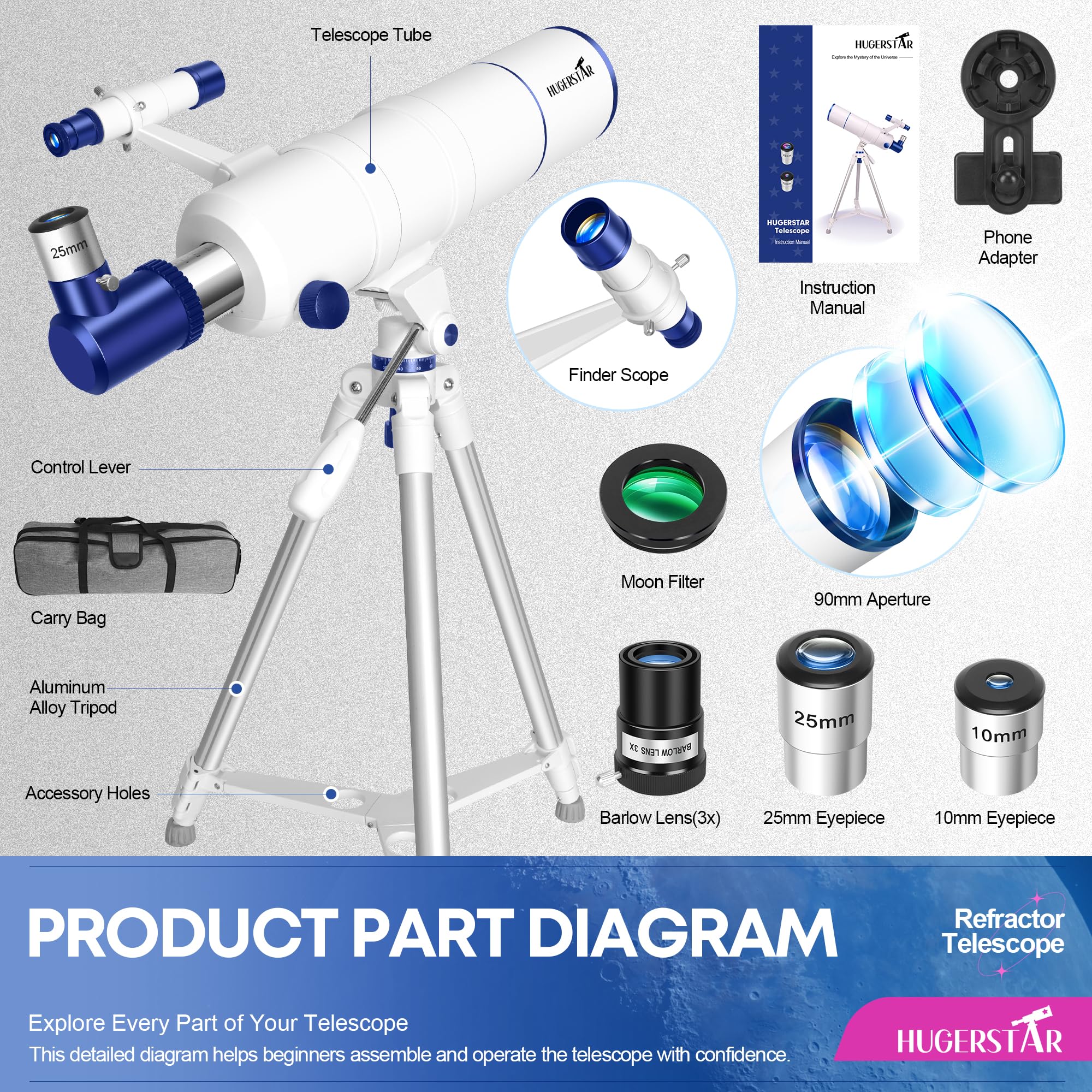 90mm Astronomical Telescope with Tripod & Phone Adapter – Portable Refractor Telescope for Beginners & Stargazing