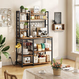 Kitchen Baker’s Rack with Power Outlets – Rustic Brown Microwave Stand, Coffee Bar Station with Shelves, Hooks & Basket