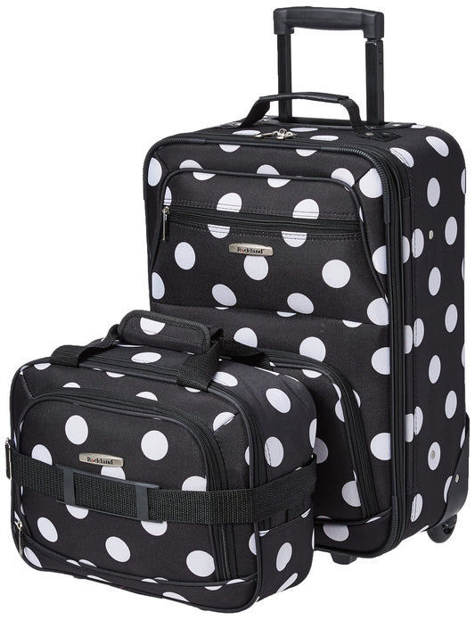 Rockland Fashion 2-Piece Softside Upright Luggage Set, Expandable Carry-On & Flight Tote with Telescopic Handle (Black Dot)