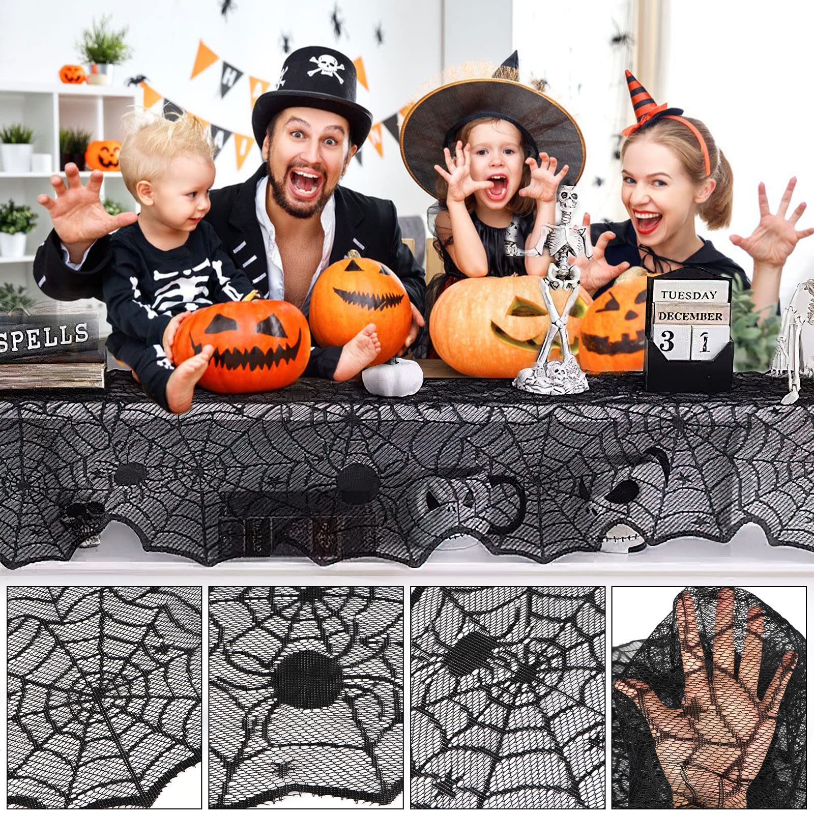 Halloween Spider Web Table Runner – 18x72 Inch Black Lace Tablecloth for Halloween Party Decorations (Reusable Cobweb Design)