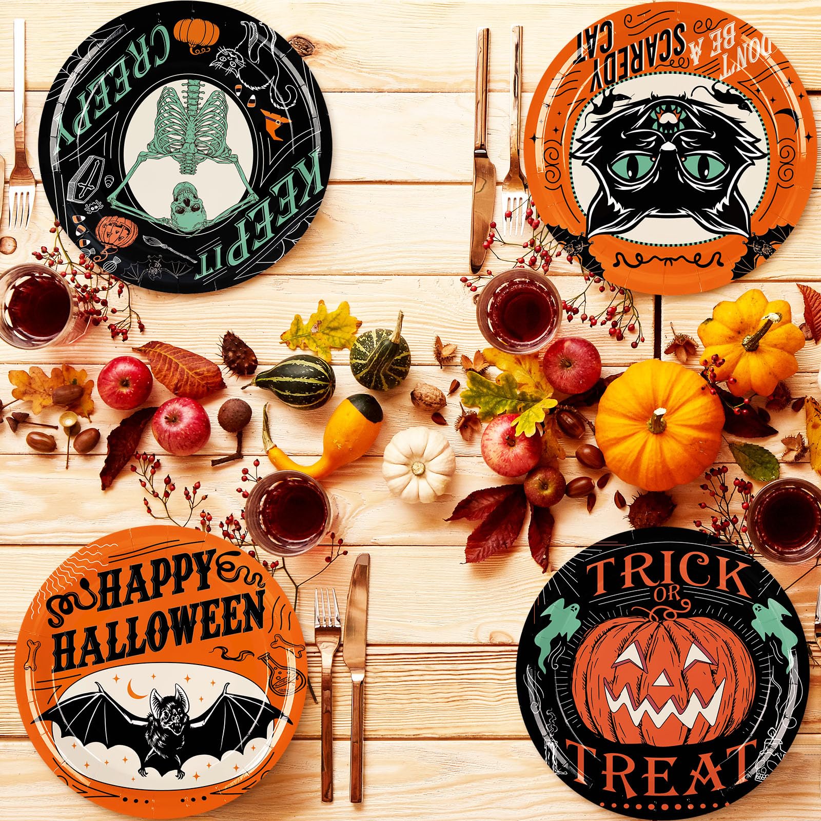 Halloween Vintage Plates – 40 Pcs Disposable 9" Paper Plates with Pumpkin, Cat, Bat & Skeleton Designs for Spooky Parties