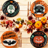 Halloween Vintage Plates – 40 Pcs Disposable 9" Paper Plates with Pumpkin, Cat, Bat & Skeleton Designs for Spooky Parties