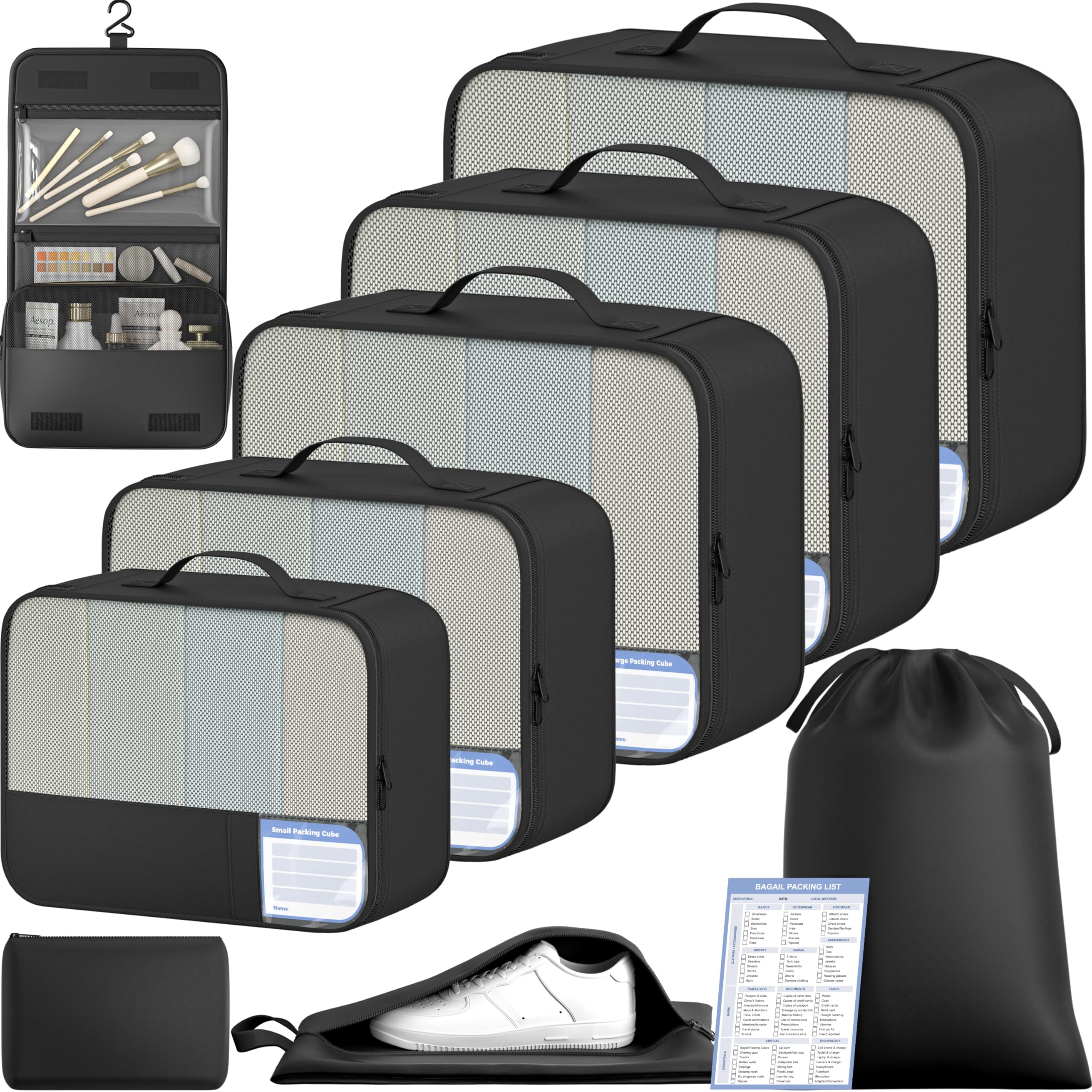 Travel Packing Cubes Organizer Set for Suitcase – Lightweight Luggage Storage Bags with Mesh Panel for Organized Travel (Black)