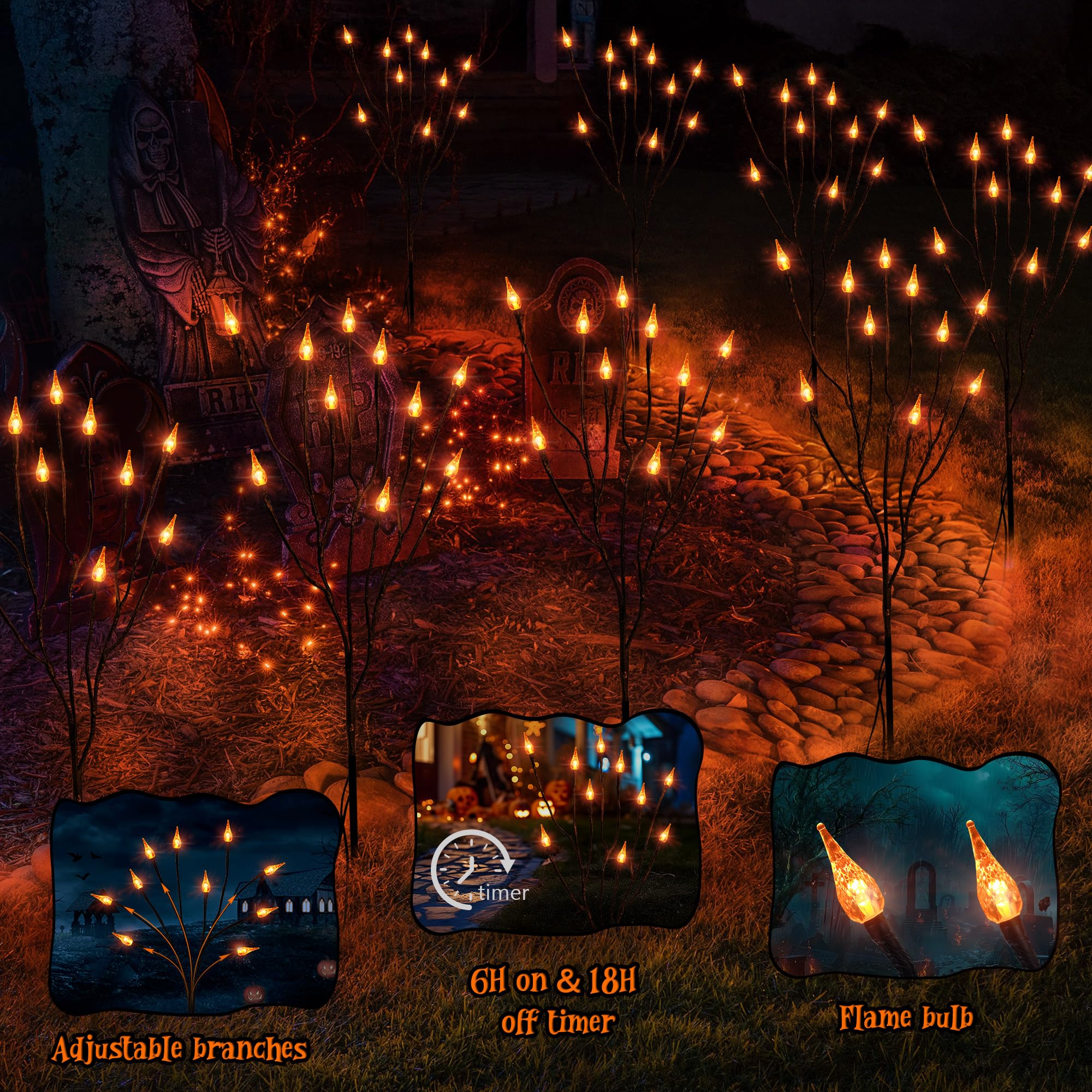 Orange Halloween Candle Pathway Lights – 3-in-1 Flickering LED Stakes with Timer & 8 Lighting Modes