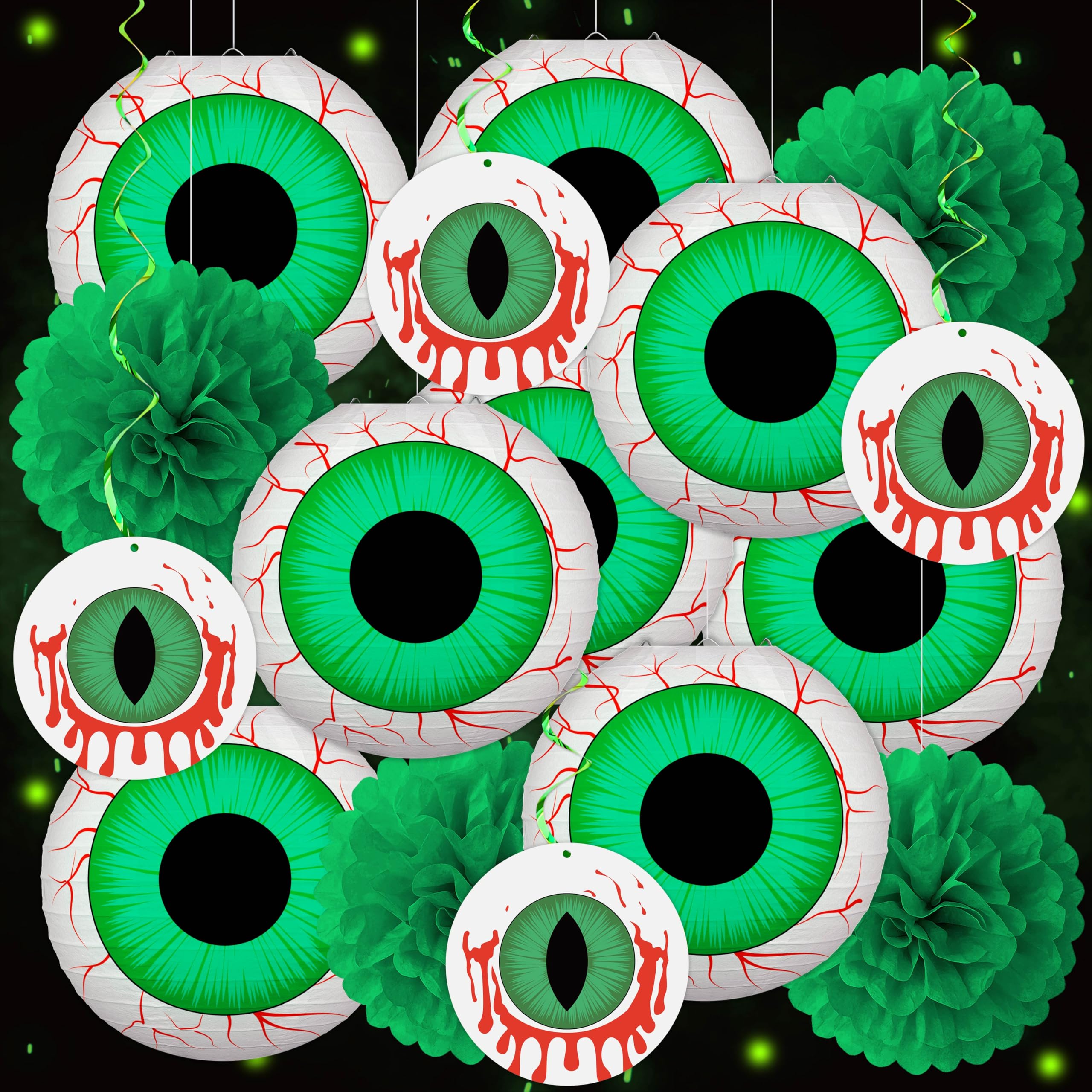 Halloween Green Eyeball Paper Lantern Set – 8 Pack with LED String Lights & Hanging Décor