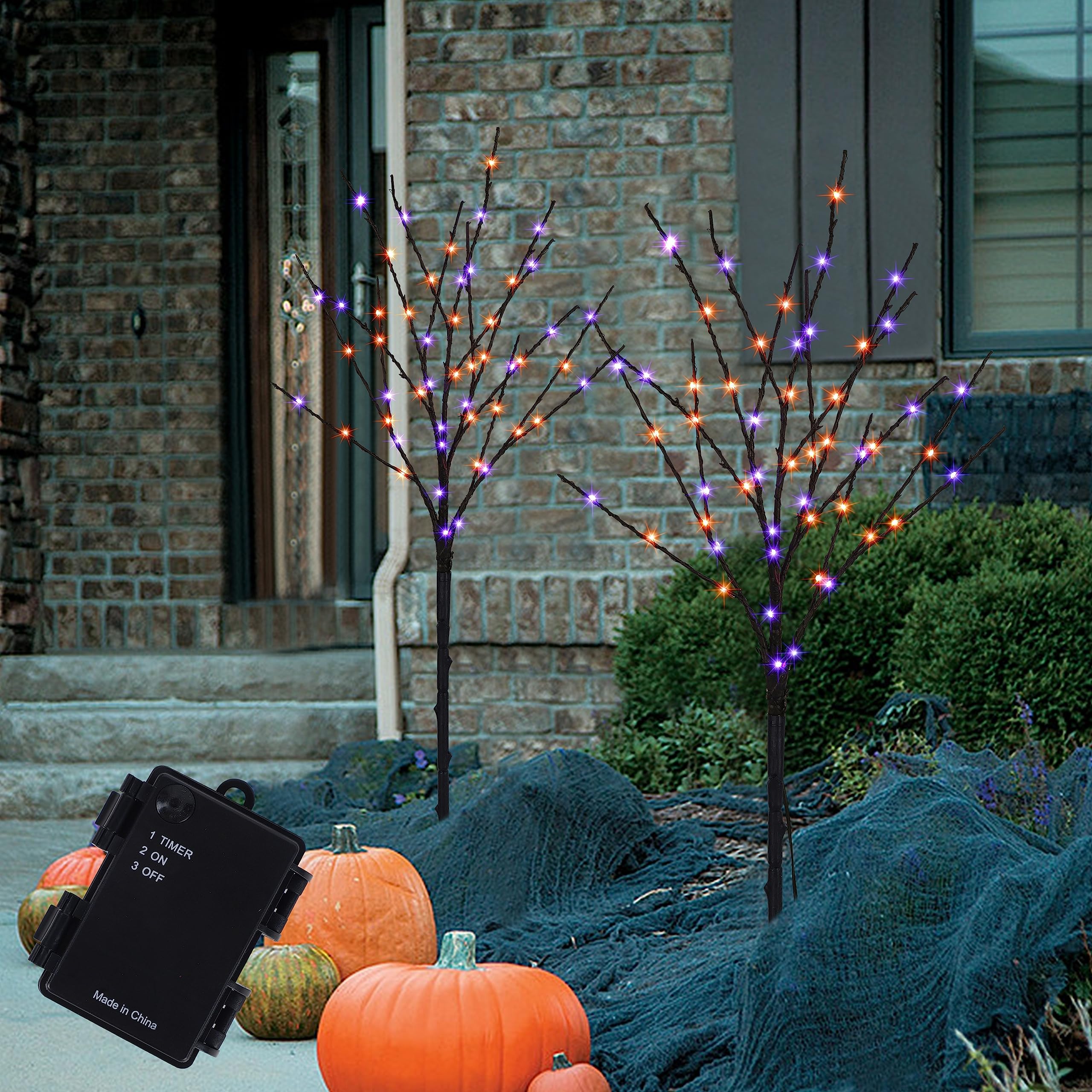 Halloween Lighted Tree Branches – 2 Pack 30" Black Artificial Trees with 100 LED Orange & Purple Lights, Timer Function & Adjustable Twigs