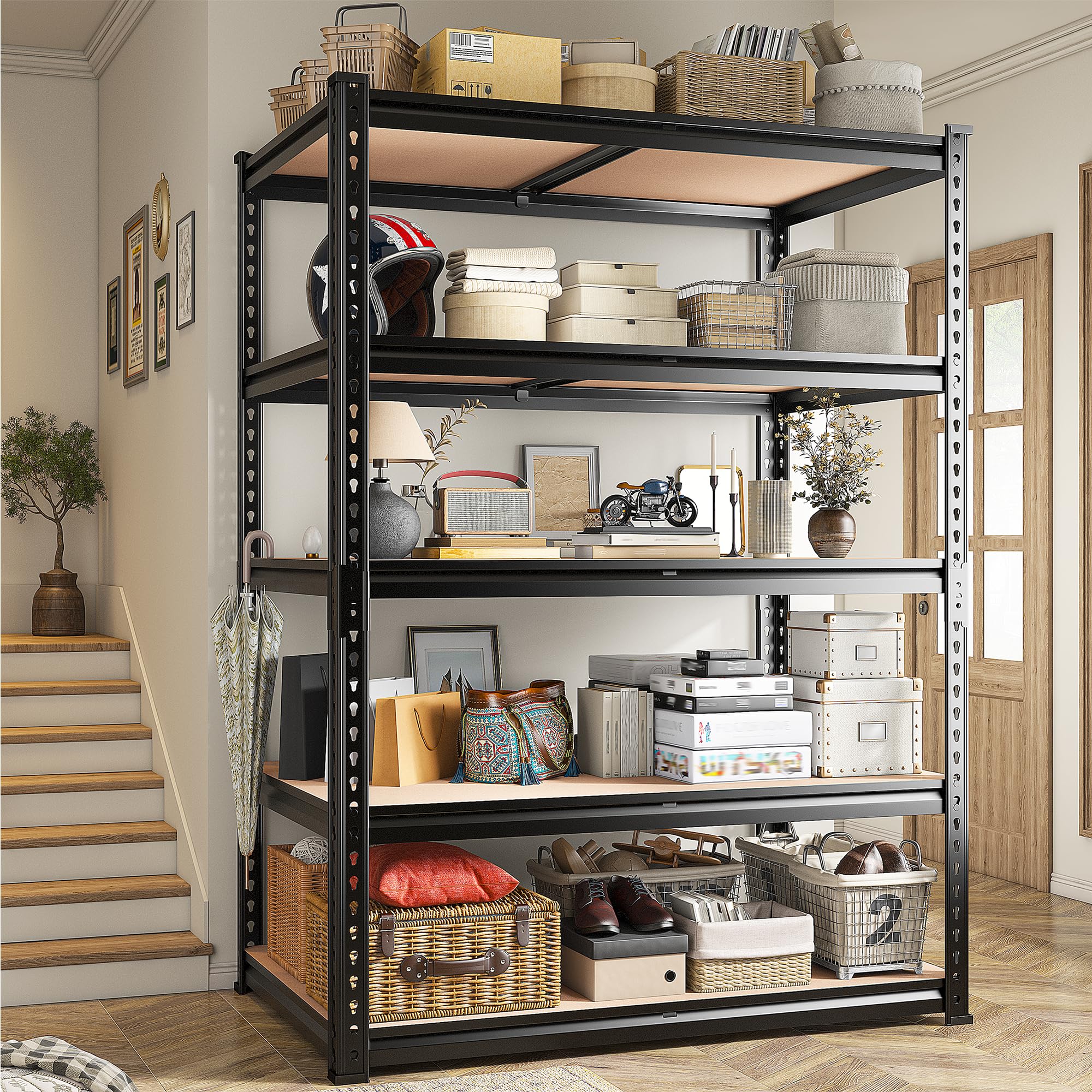 REIBII 5-Tier Heavy Duty Metal Storage Shelves 2-Pack – 2400 lbs Adjustable Garage & Warehouse Shelving System