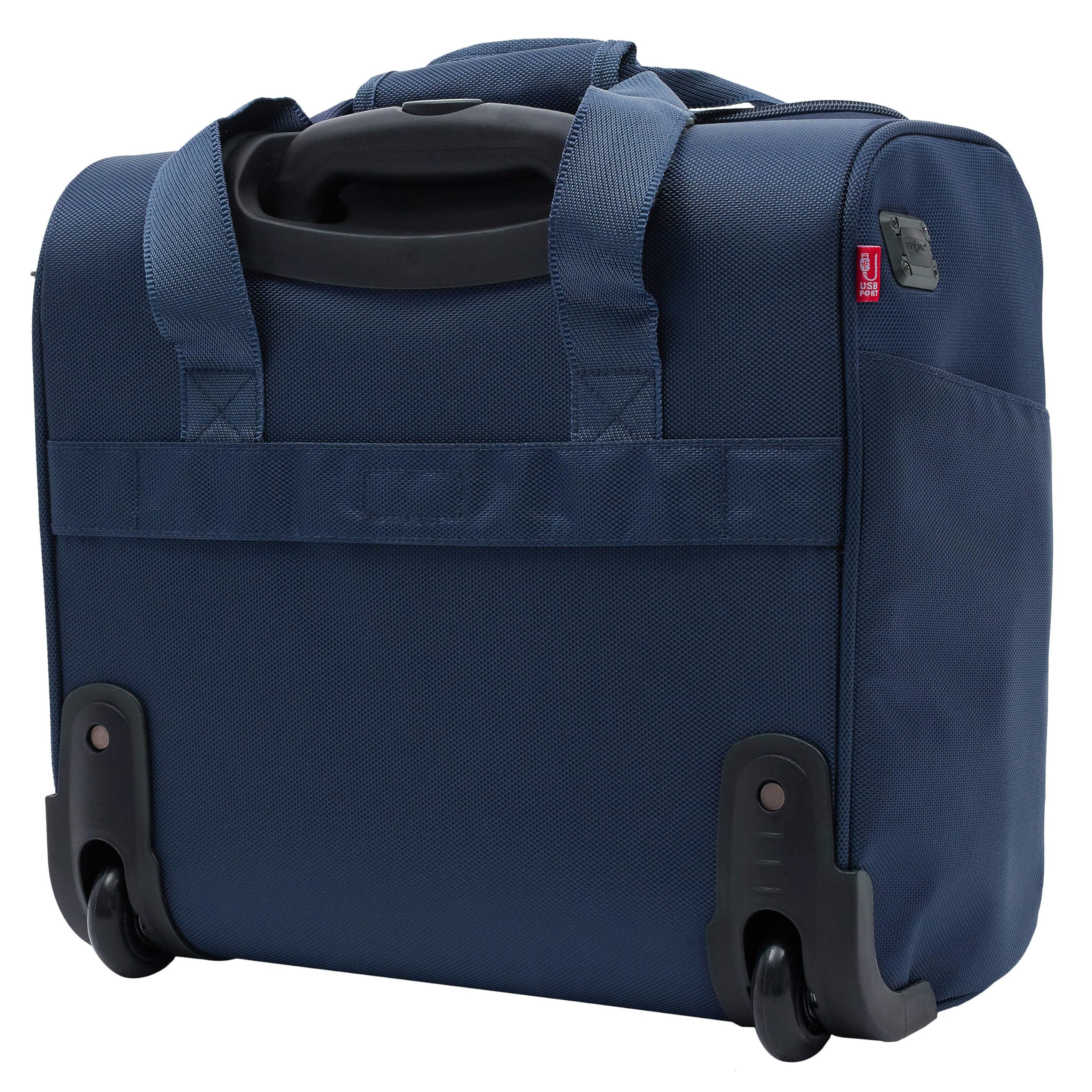 TPRC 15” Smart Underseat Carry-On Luggage with USB Charging Port, Compact Rolling Travel Bag (Navy Blue)