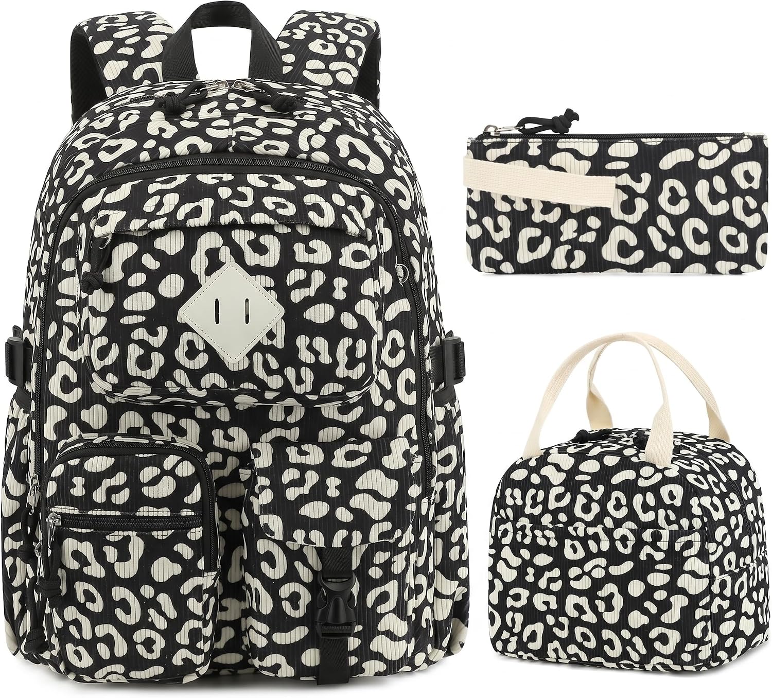 Pink Leopard Corduroy 3-Piece School Backpack Set