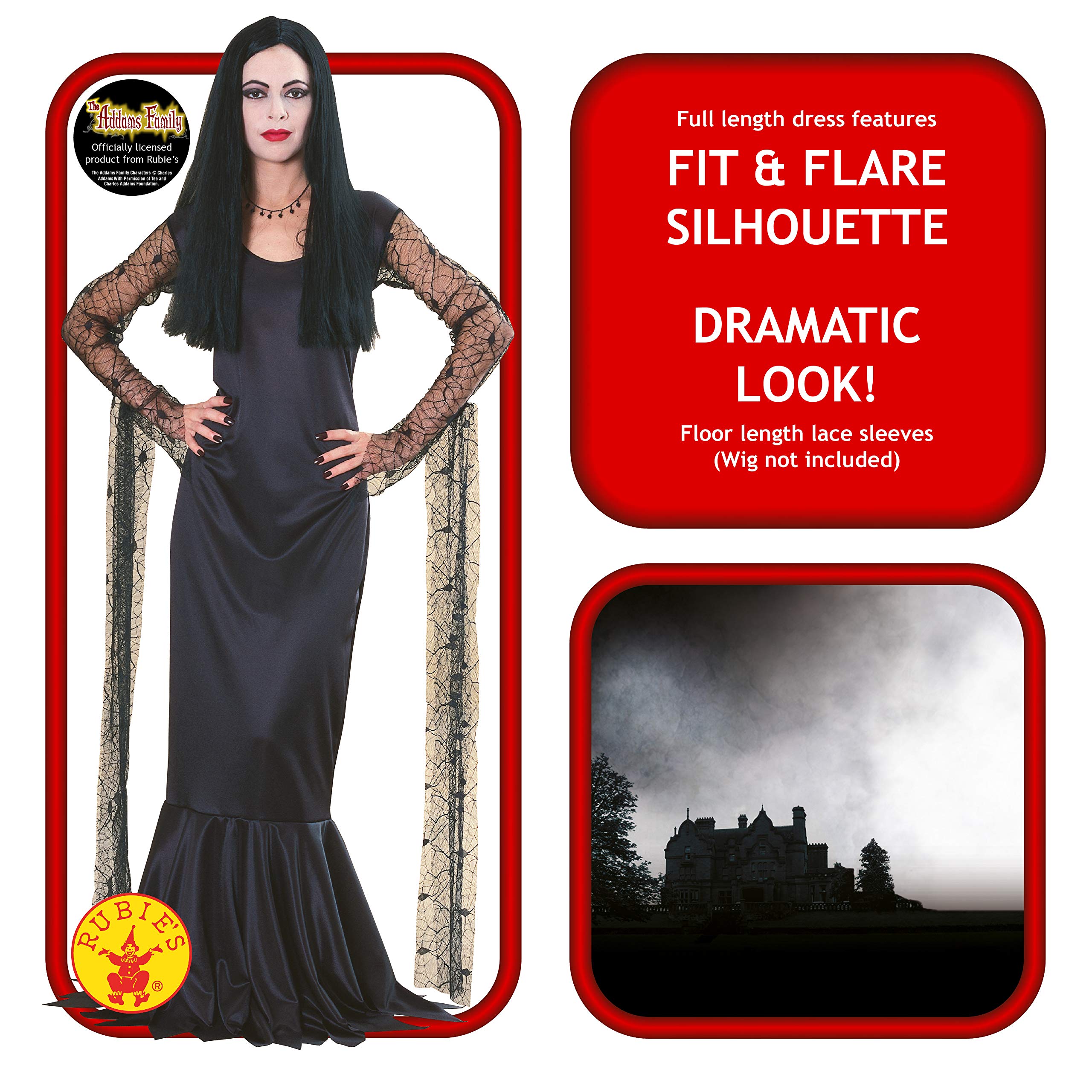 Official Addams Family Morticia Addams Costume for Women – Long Black Gothic Dress with Lace Sleeves
