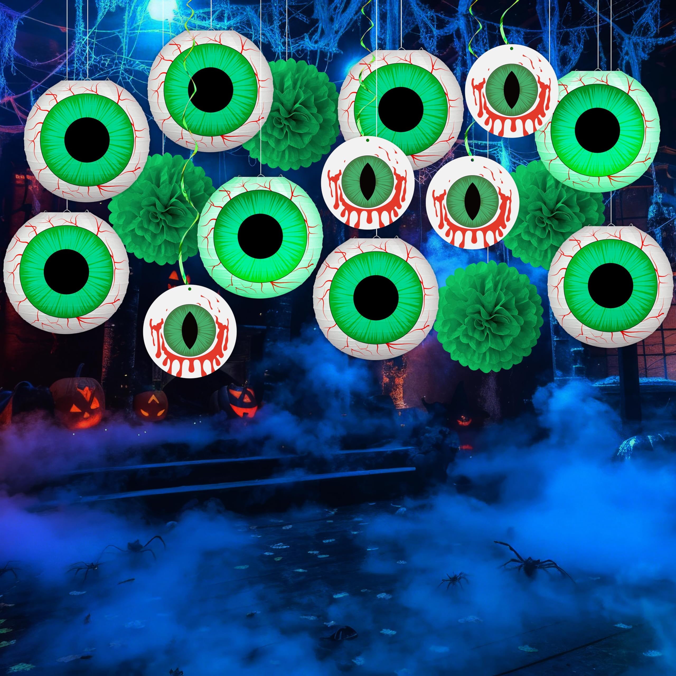 Halloween Green Eyeball Paper Lantern Set – 8 Pack with LED String Lights & Hanging Décor