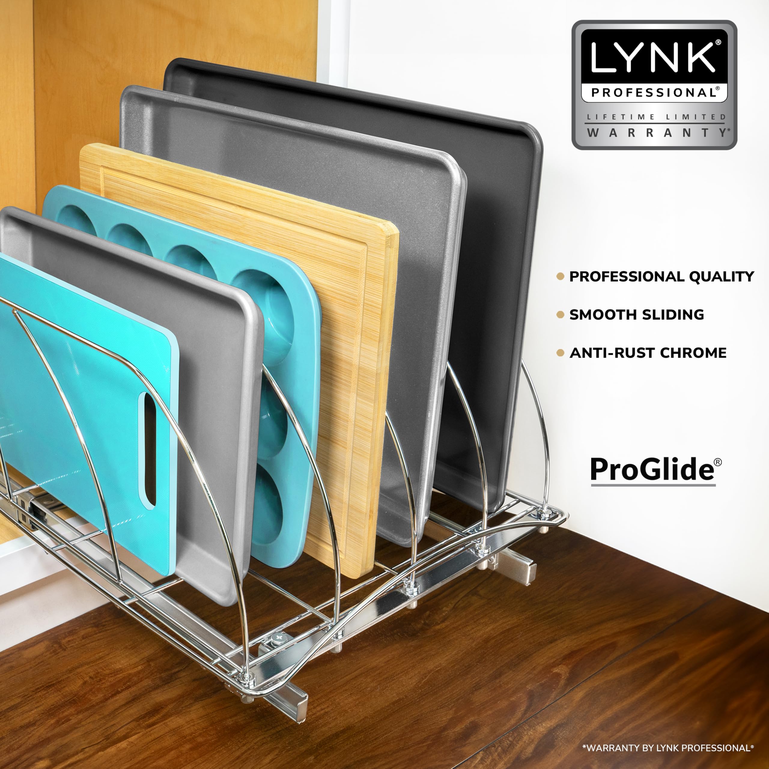 Lynk Professional Extra-Wide Pull-Out Cutting Board & Baking Pan Organizer – Heavy-Duty Sliding Cabinet Rack