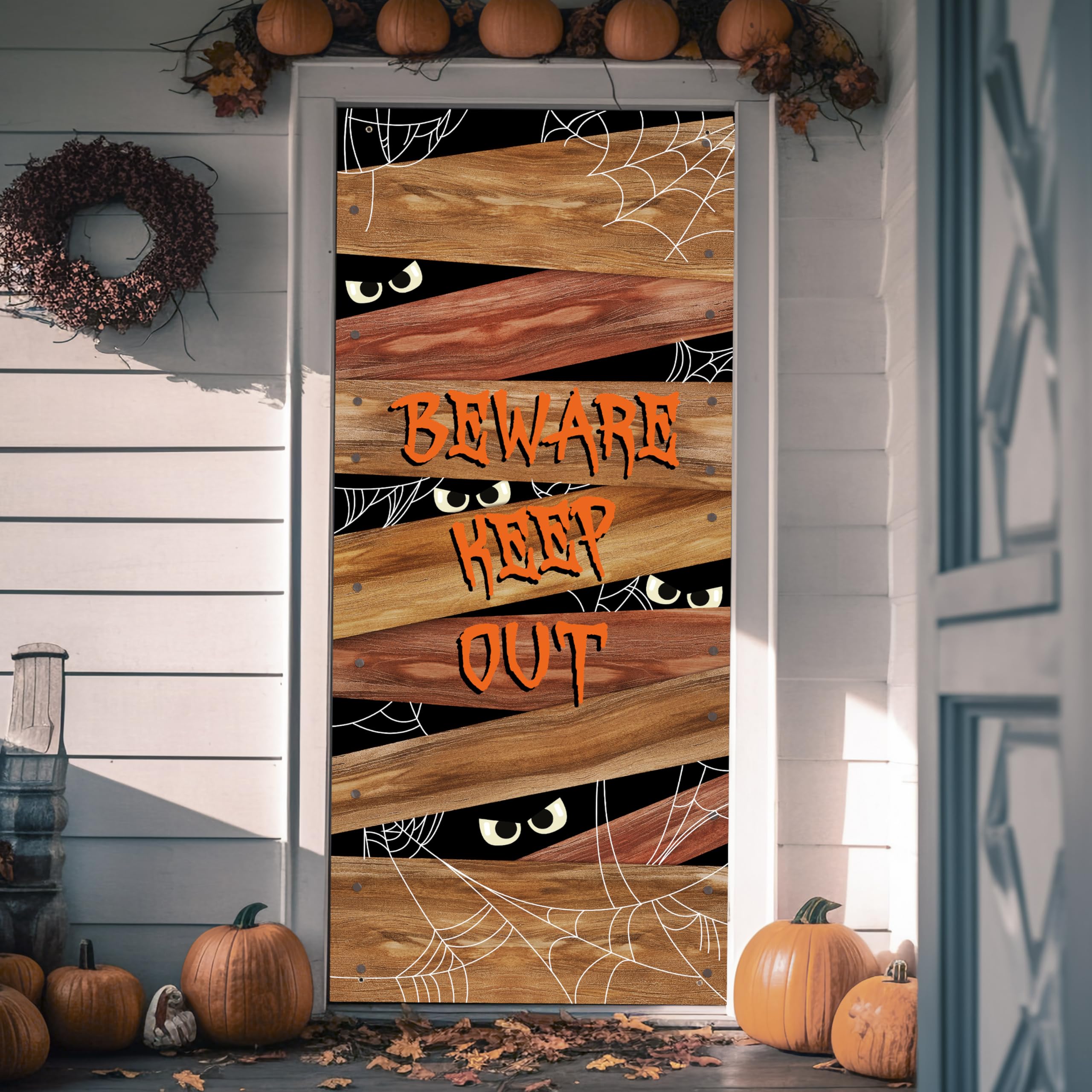Halloween Door Cover with Wood-Look Spider Web Design – Large 71"x28" Fabric Door Banner for Indoor & Outdoor Decorations (Red & Brown)