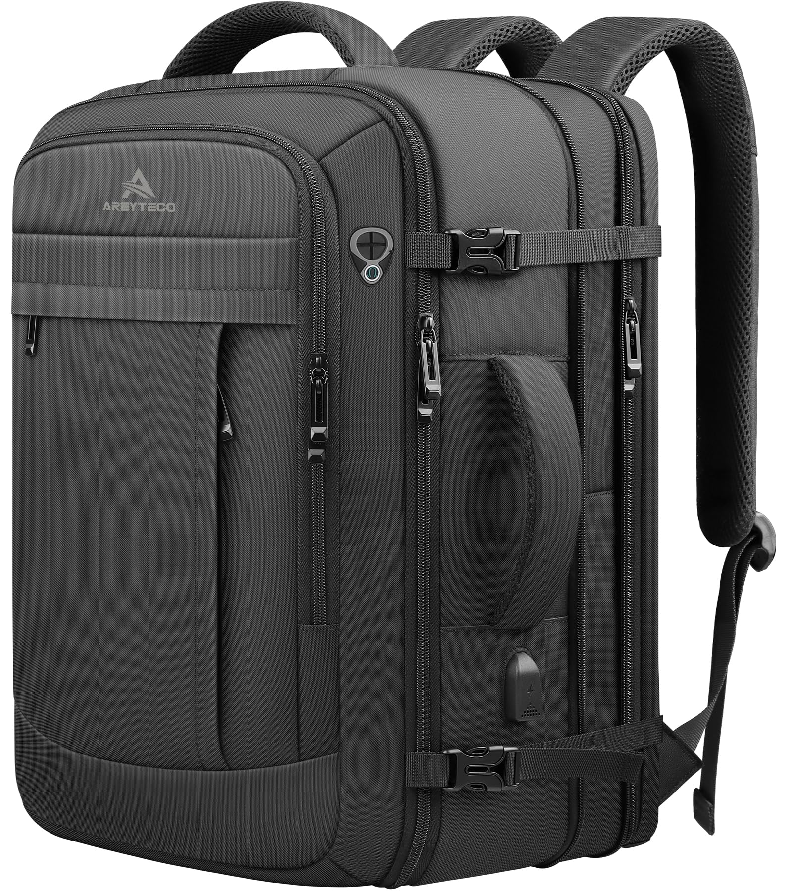 AREYTECO 50L Expandable Carry On Travel Backpack with USB Port, TSA Lay-Flat Design and 17” Laptop Compartment