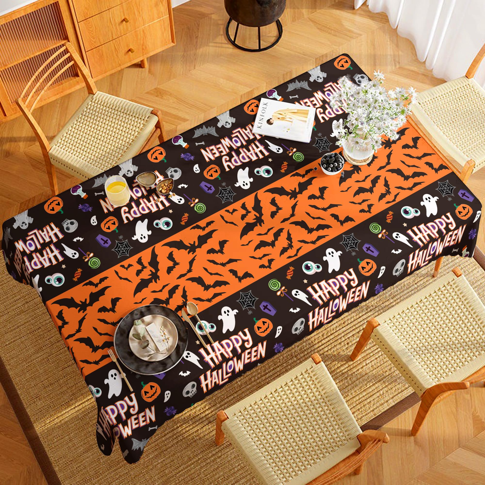 Halloween Tablecloths – Set of 2 Black Spooky Polyester Table Covers with Ghost, Bat & Pumpkin Prints (86.6x51.2 Inches)