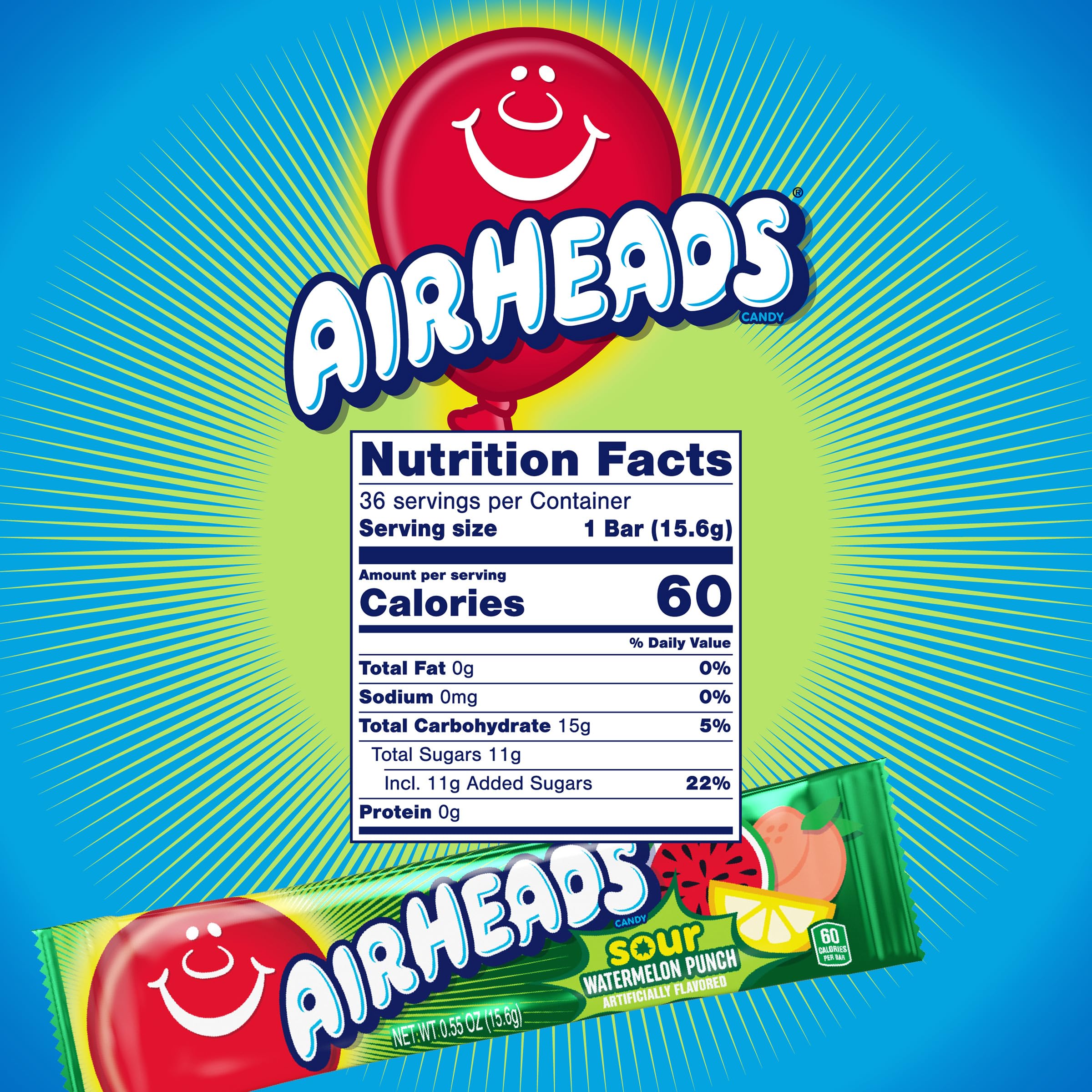 Airheads Sour Taffy Candy Bars – 36 Count Full-Size Pack (Sour Watermelon Punch Flavor)