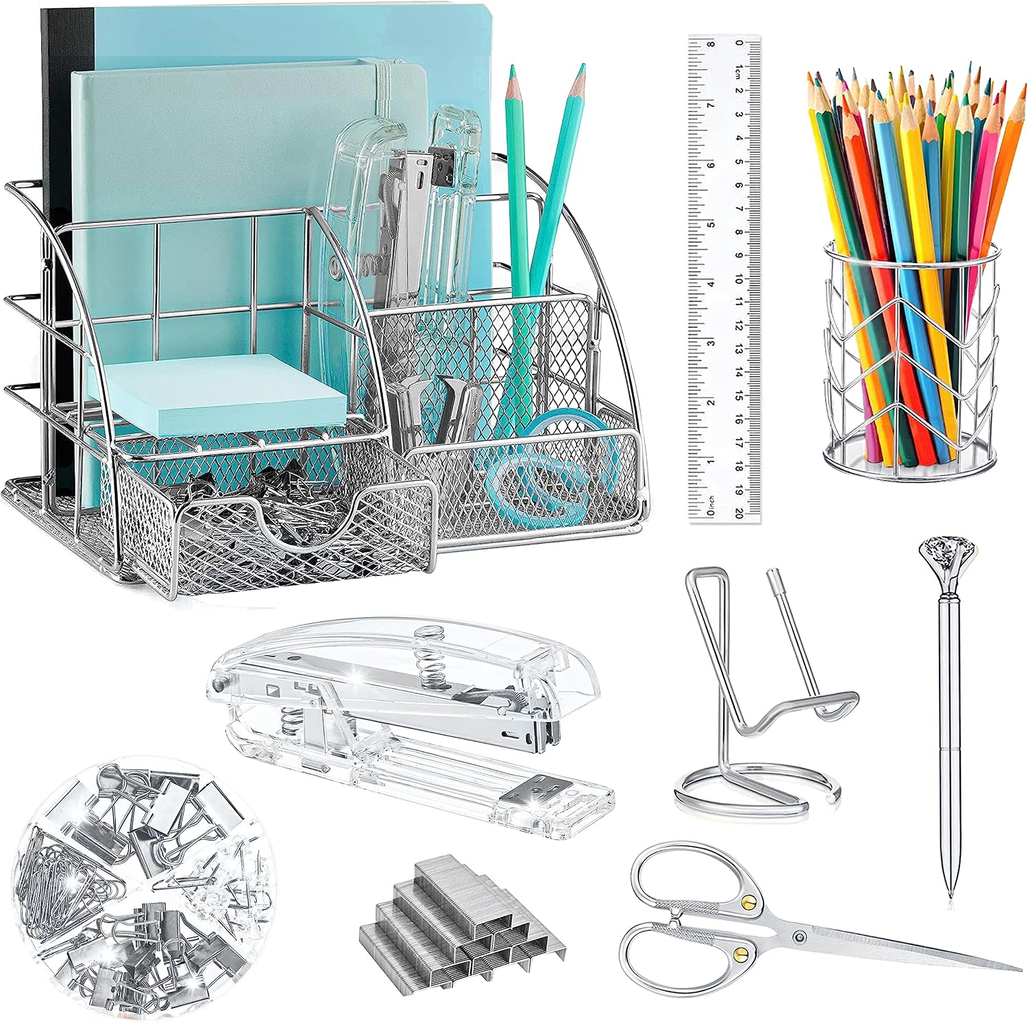 Green Desk Organizer and Office Supplies Set