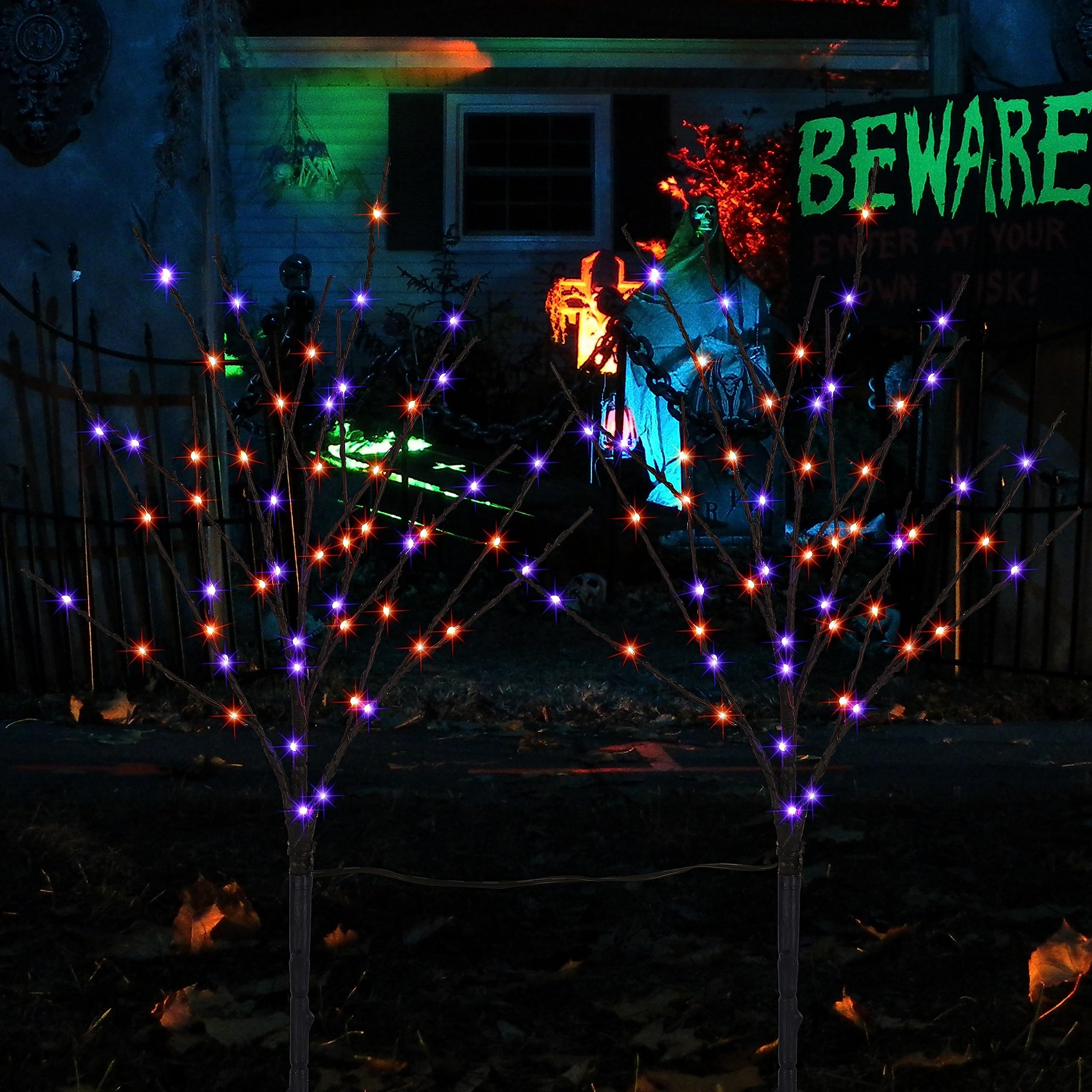 Halloween Lighted Tree Branches – 2 Pack 30" Black Artificial Trees with 100 LED Orange & Purple Lights, Timer Function & Adjustable Twigs