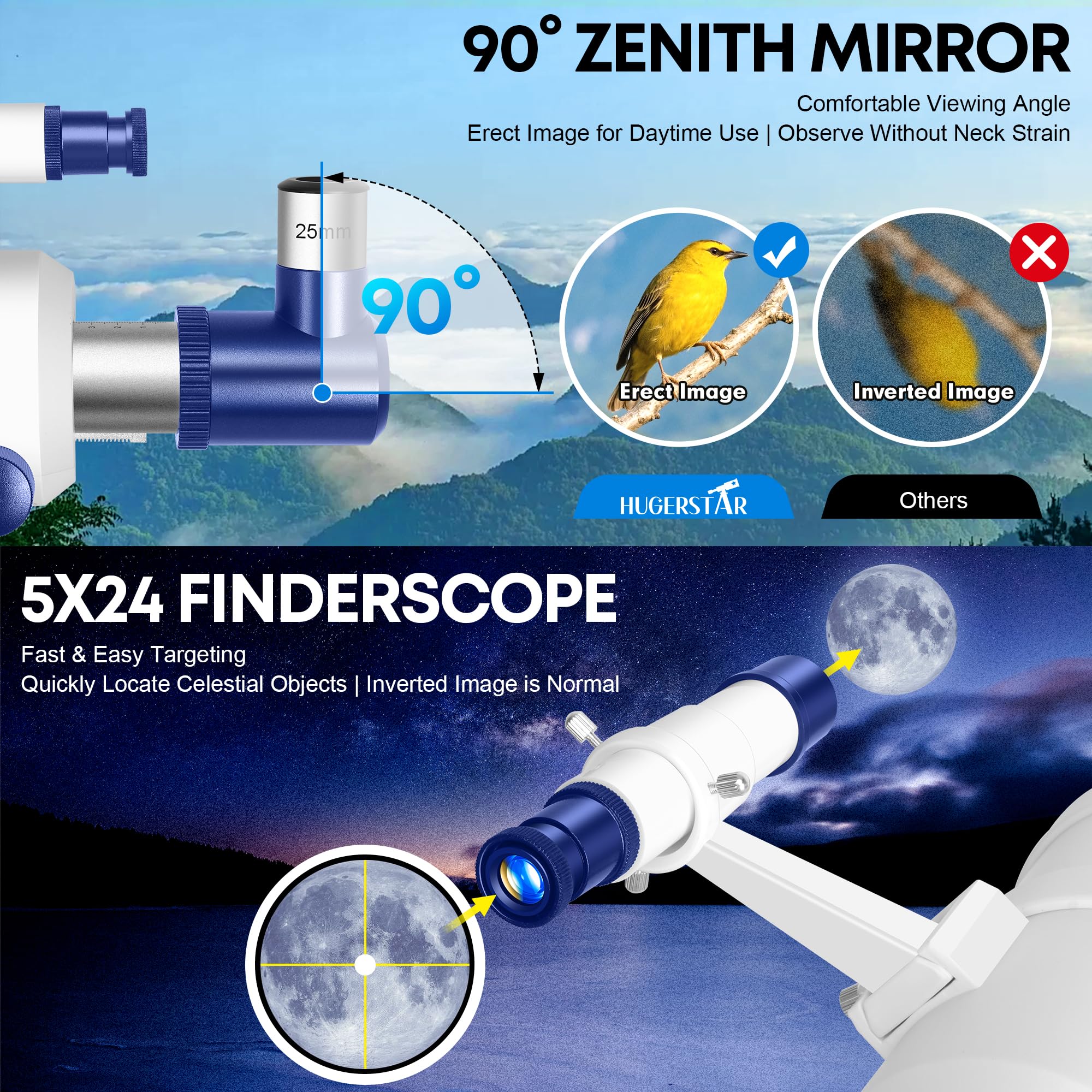 90mm Astronomical Telescope with Tripod & Phone Adapter – Portable Refractor Telescope for Beginners & Stargazing
