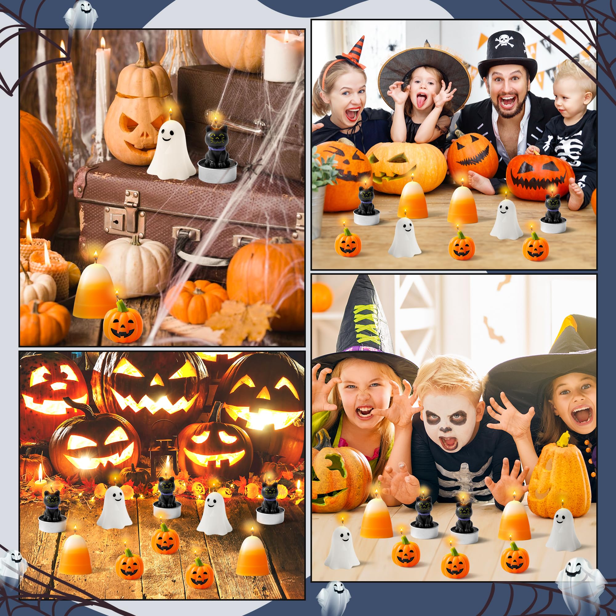12 Pcs Halloween Mini Candles Set 🎃 Ghost, Pumpkin, Candy Corn & Black Cat Designs – Multicolor Wax Tealights for Fall & Party Decor