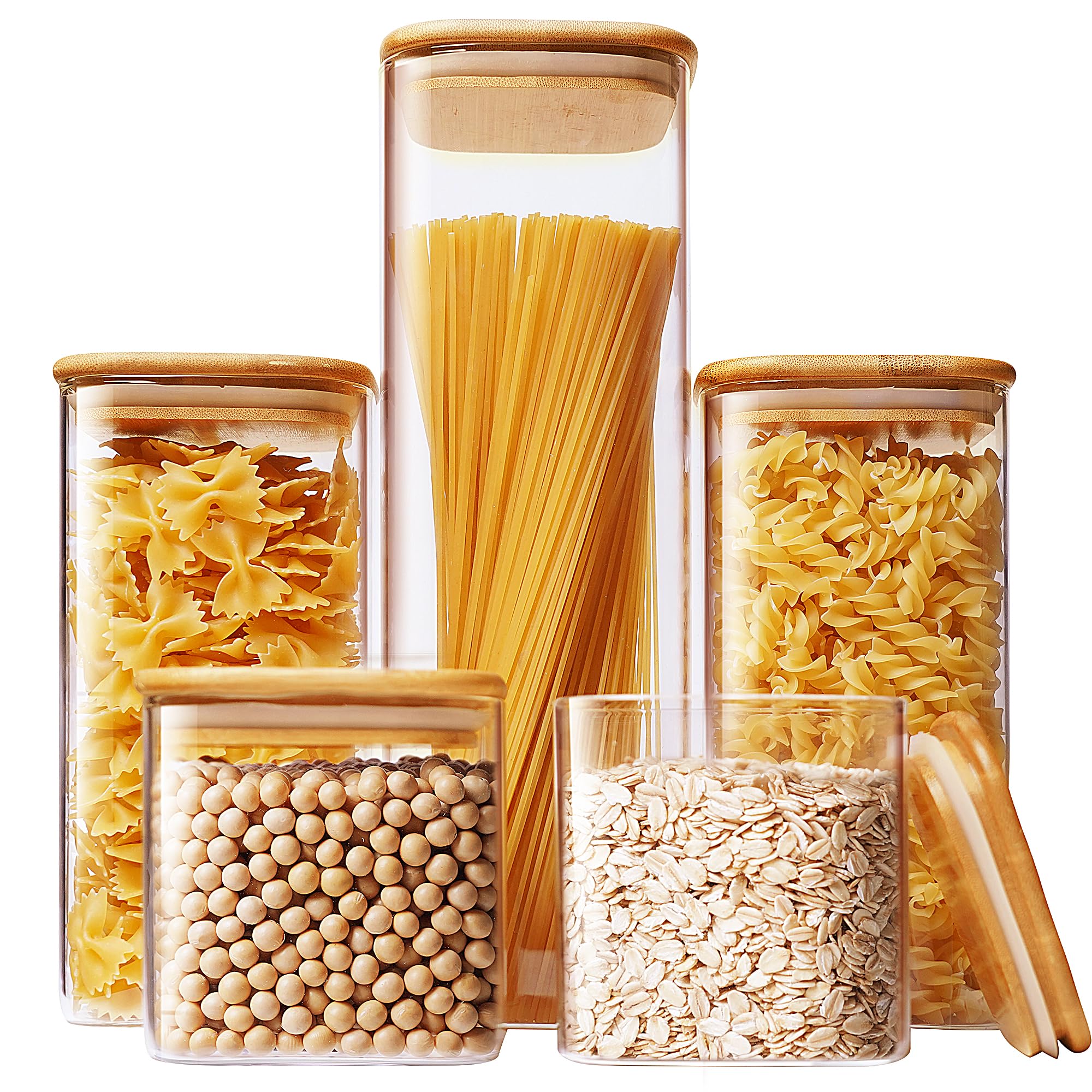 Square Glass Pantry Jars with Bamboo Lids – 5-Piece Borosilicate Storage Set (Multi Size)