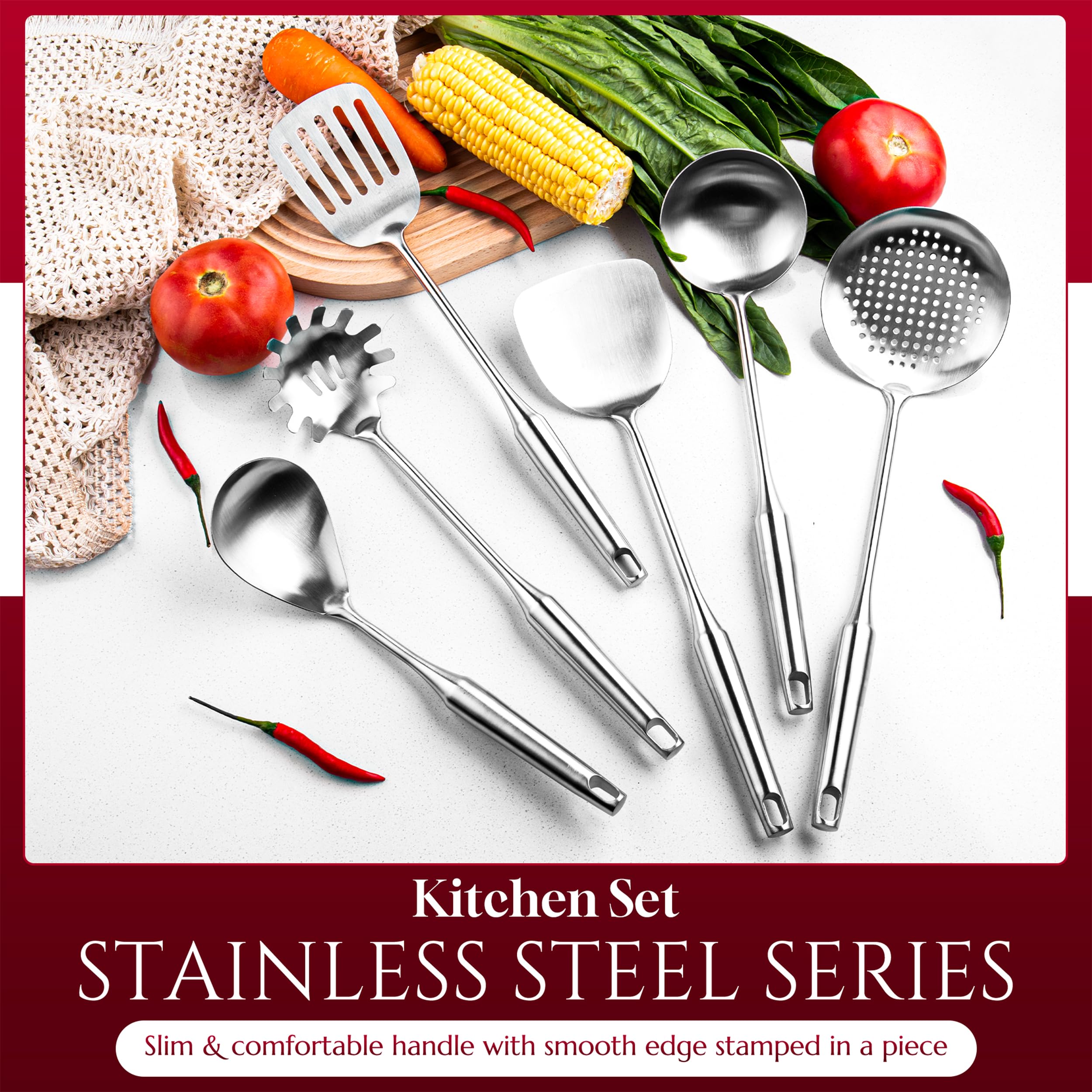 6-Piece Premium Stainless Steel Cooking Utensil Set with Ergonomic Handles – Silver