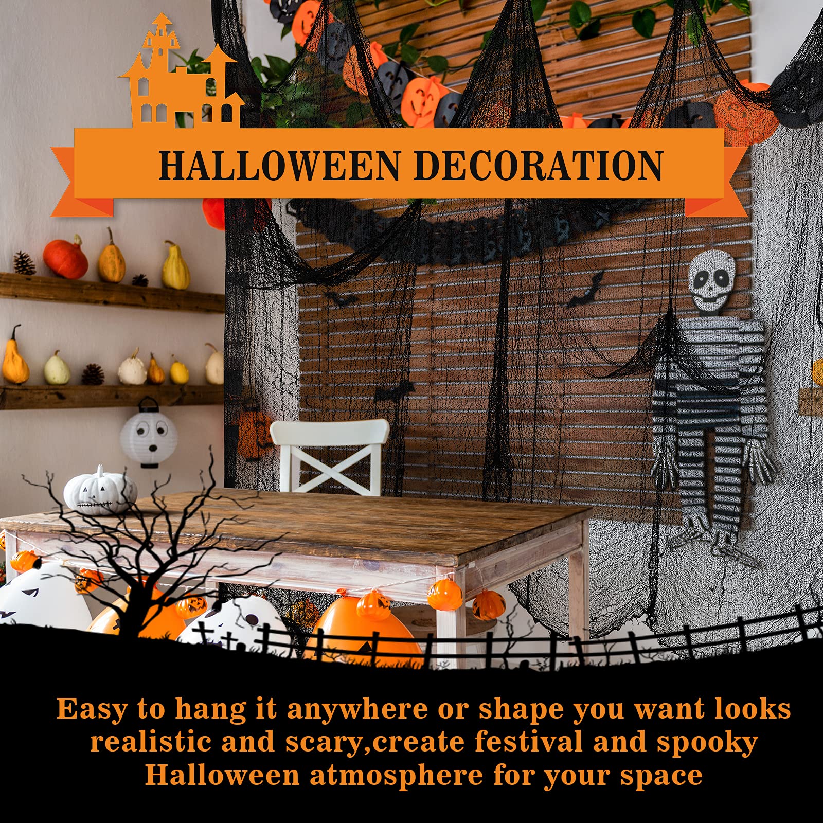 Black Creepy Cloth Halloween Decoration – Stretchy Cotton Haunted House Fabric for Indoor & Outdoor Spooky Décor
