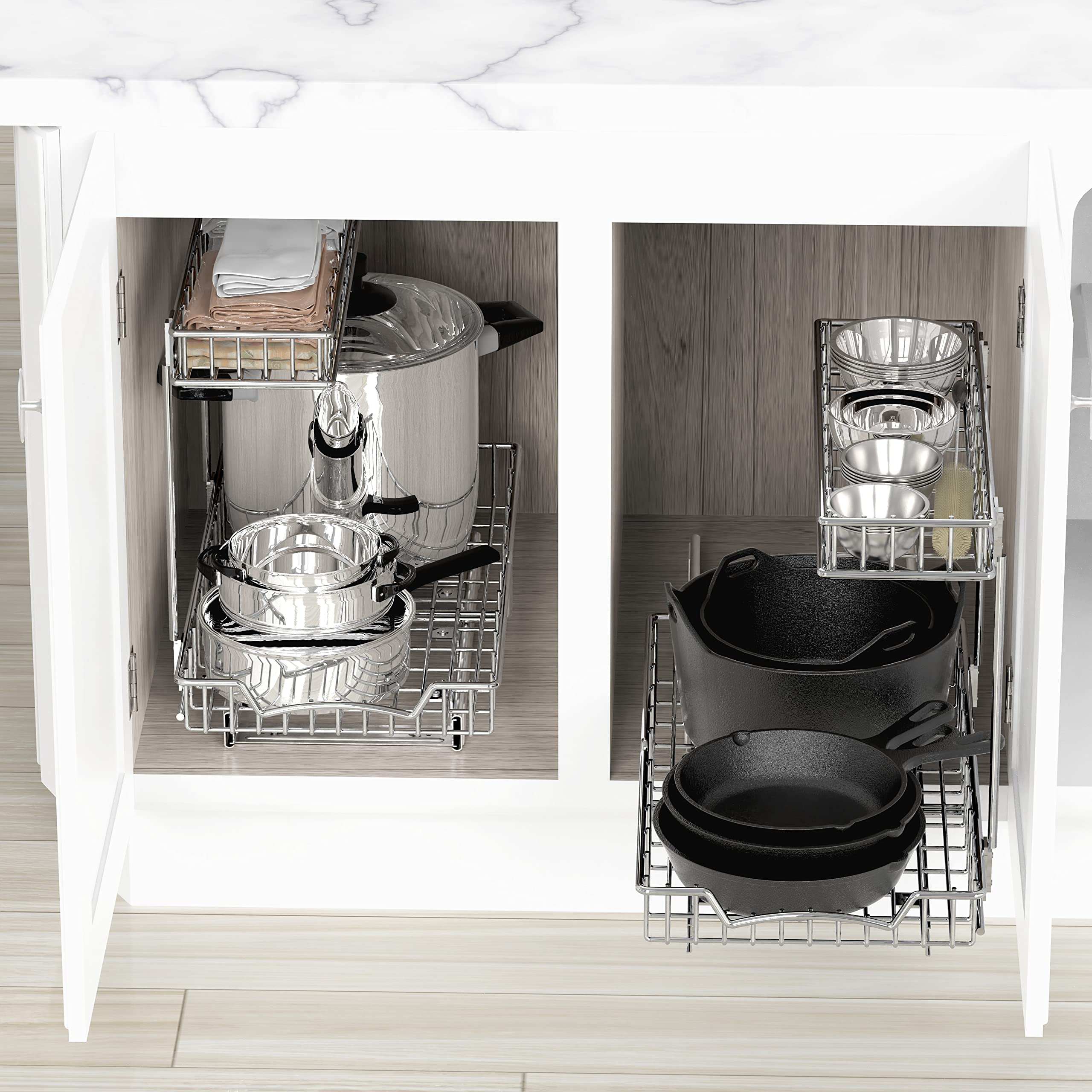 2-Tier Pull-Out Under Cabinet Organizer – Chrome Heavy-Duty Sliding Shelf System