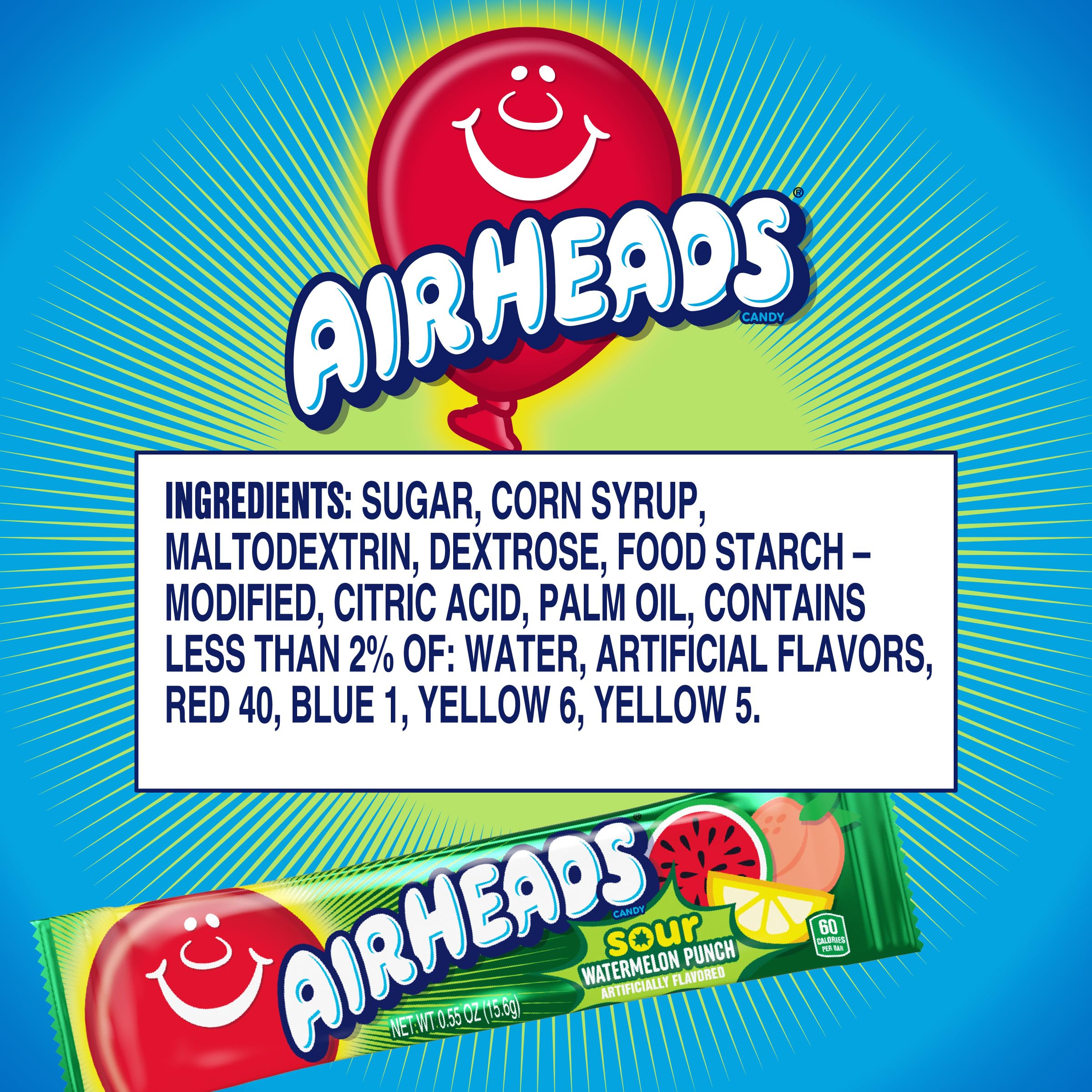 Airheads Sour Taffy Candy Bars – 36 Count Full-Size Pack (Sour Watermelon Punch Flavor)