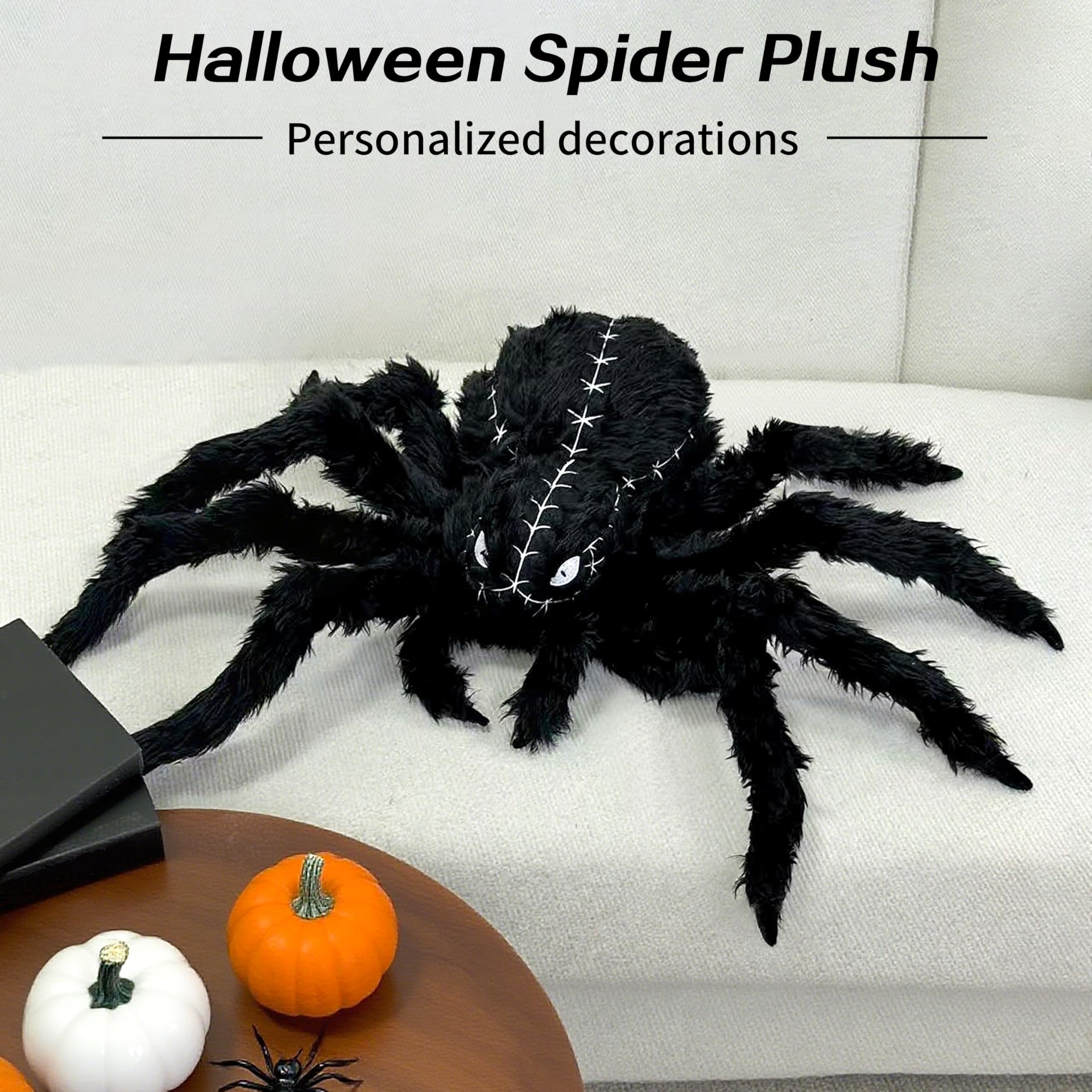 Oversized Black Spider Plush – 34" Halloween Stuffed Decoration with Furry Legs & Embroidered Eyes – Giant Soft Halloween Prop