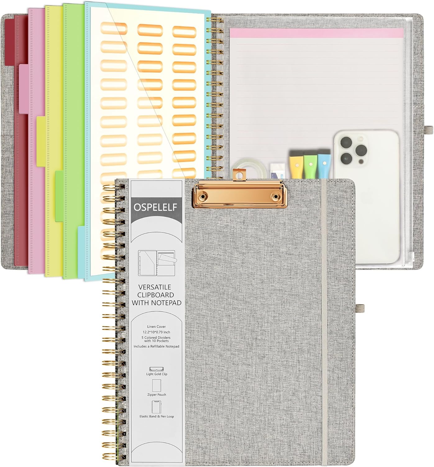 Purple Foldable Clipboard Folio with 10 Storage Pockets