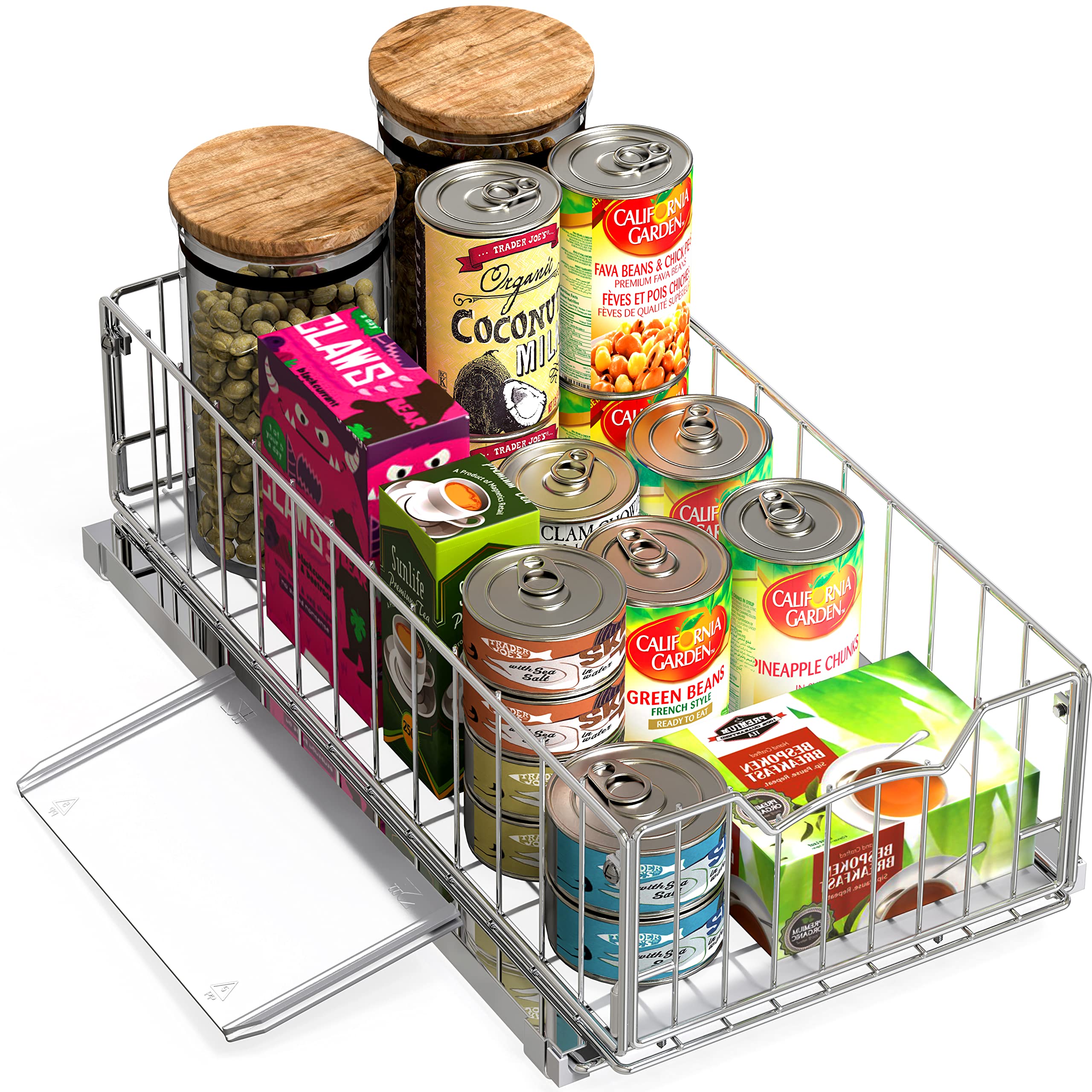 Pull-Out Cabinet Sliding Basket Organizer with Divider – Chrome Finish for Deep Cabinets