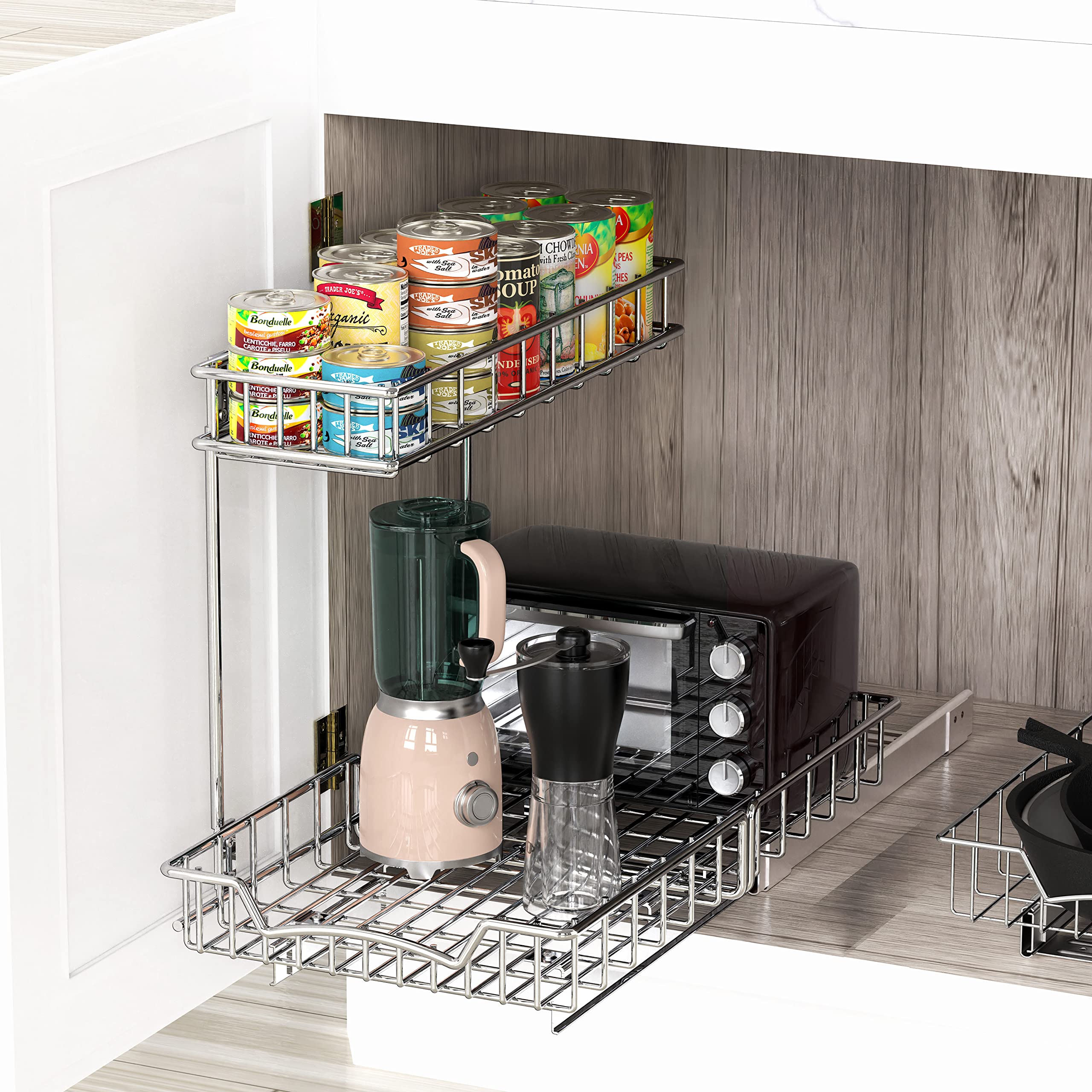 2-Tier Pull-Out Under Cabinet Organizer – Chrome Heavy-Duty Sliding Shelf System
