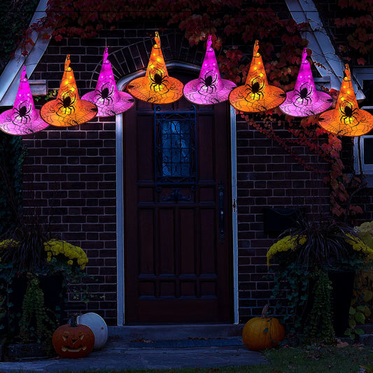Halloween Hanging Witch Hat Lights – 8-Piece Orange & Purple LED String Lights with Remote & Timer (16ft Total Length)